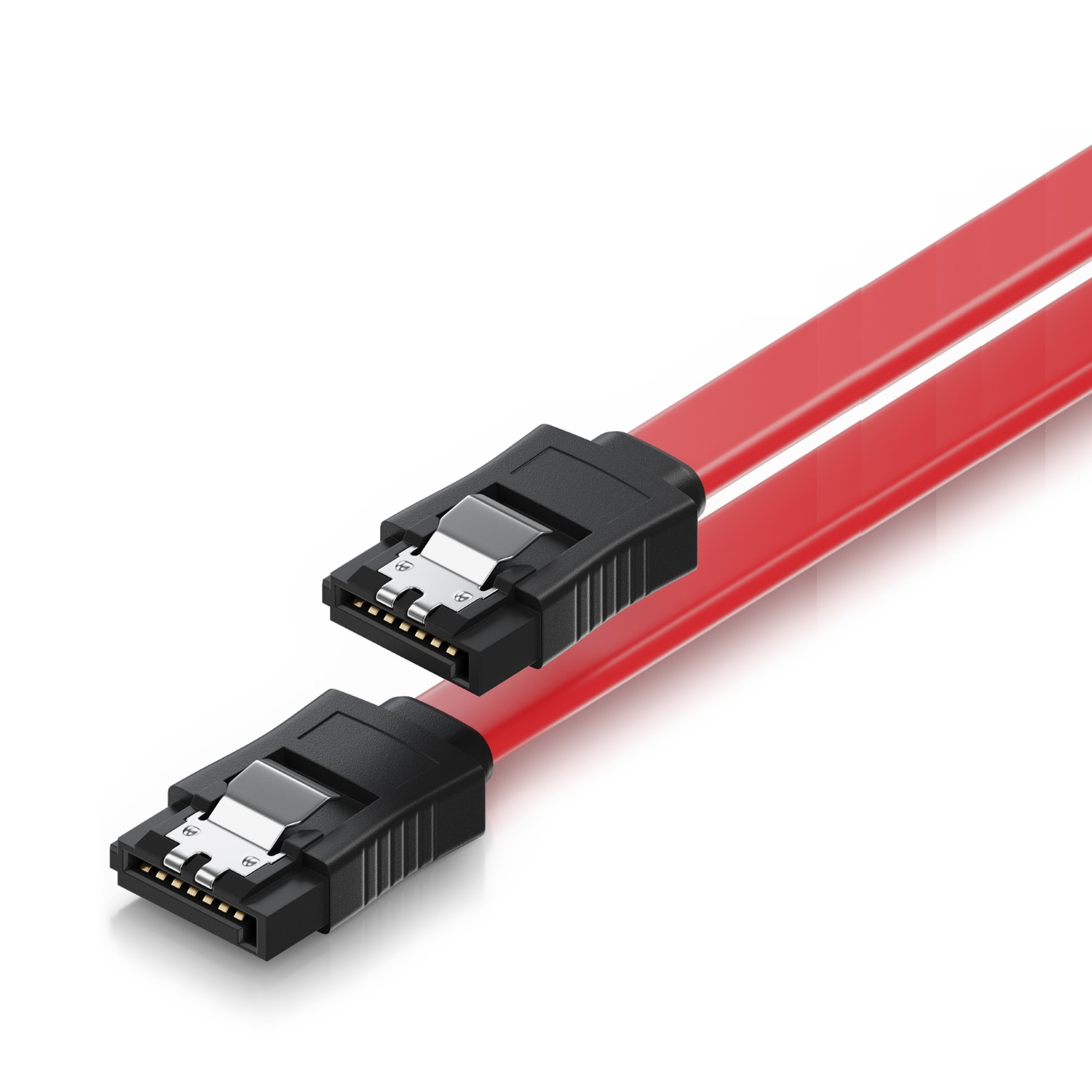 Cables de datos SATA rojos con conectores negros sobre fondo blanco. Primer plano.