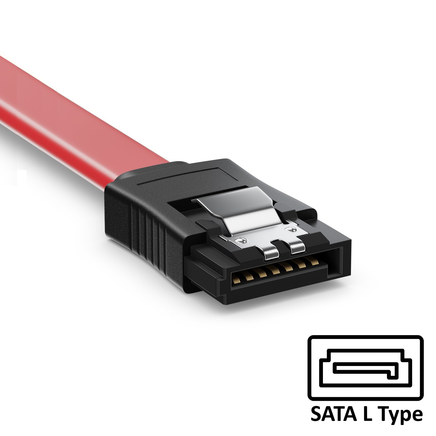 Cable rojo SATA L Type con conector negro y logo SATA L Type.