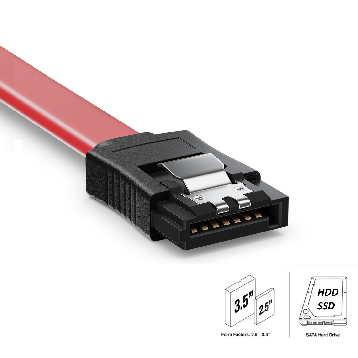 Cable SATA rojo conectado a un conector negro. Se muestran formatos de 3,5 y 2,5 pulgadas.