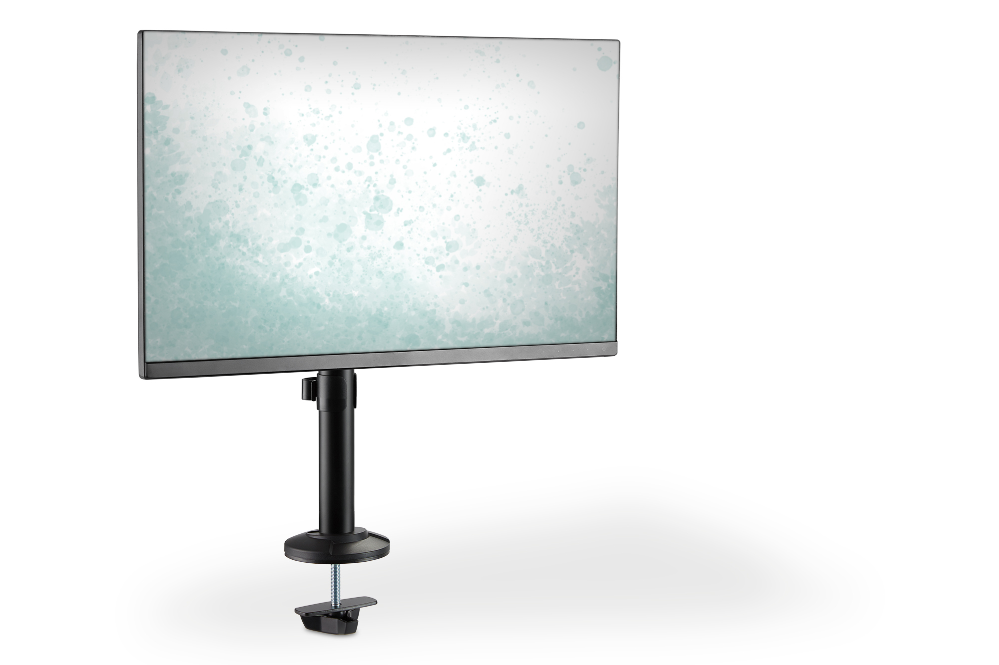 Monitor auf schwarzem Ständer mit weißem Hintergrund und einem hellgrünen Farbspritzer montiert.