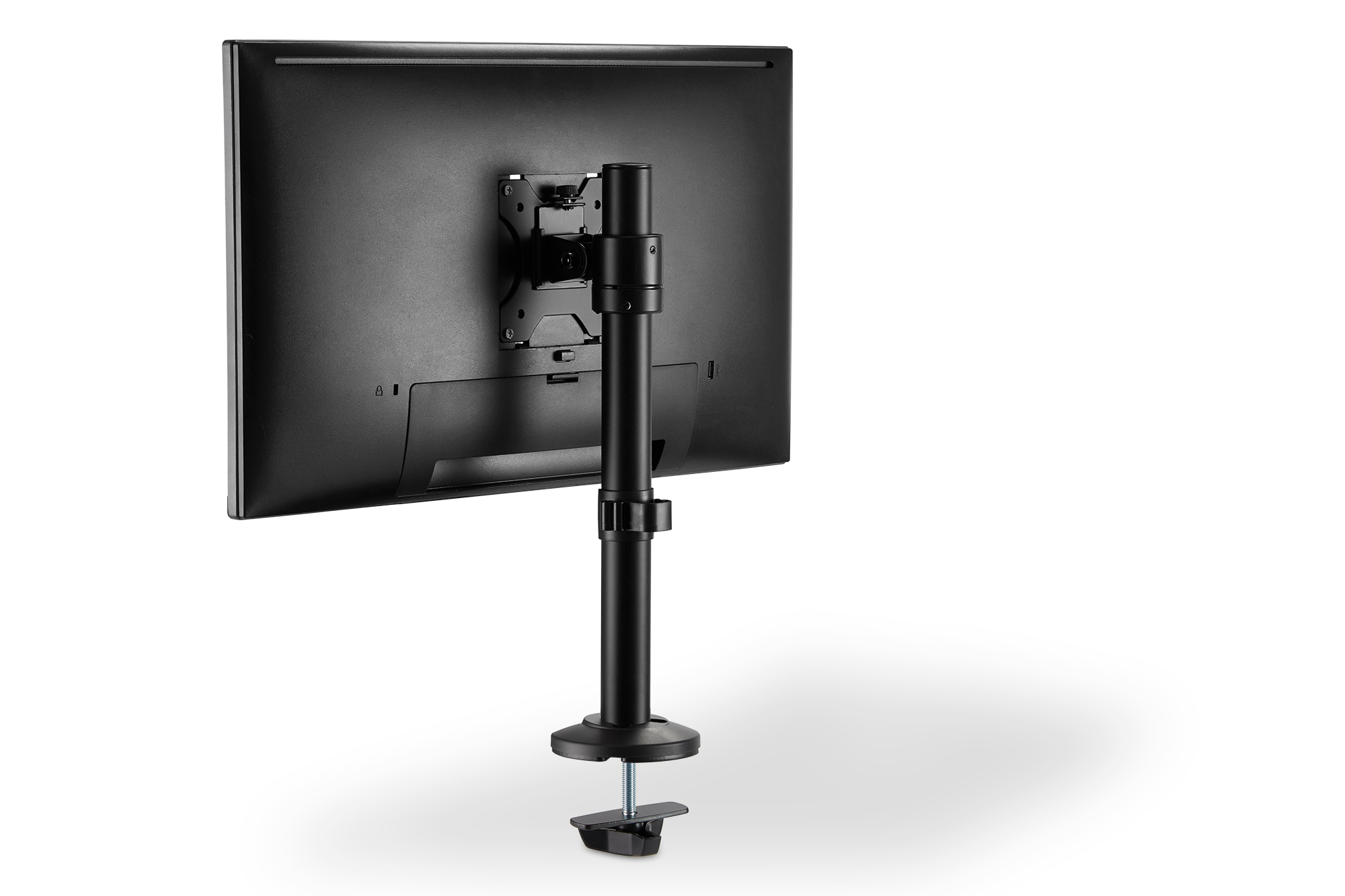 Schwarzer Monitorständer mit befestigtem Monitor auf weißem Hintergrund.
