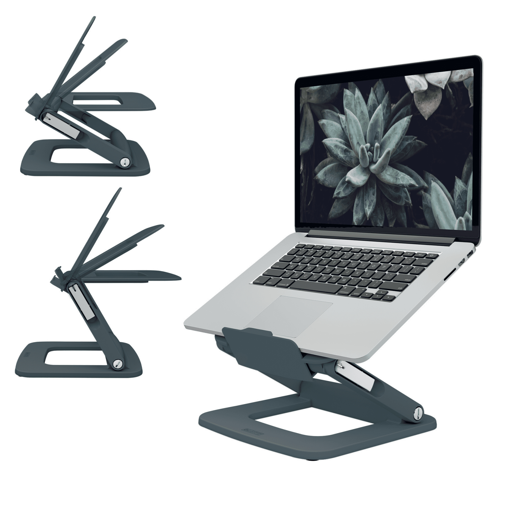 Laptop auf einem grauen Ständer. Zwei ähnliche Ständer sind ebenfalls sichtbar. Weißer Hintergrund.