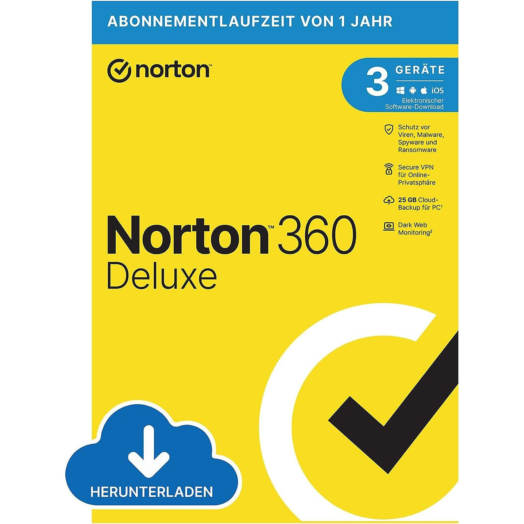Eine Norton 360 Deluxe Softwarebox mit gelbem Hintergrund und blauem Wolkensymbol.