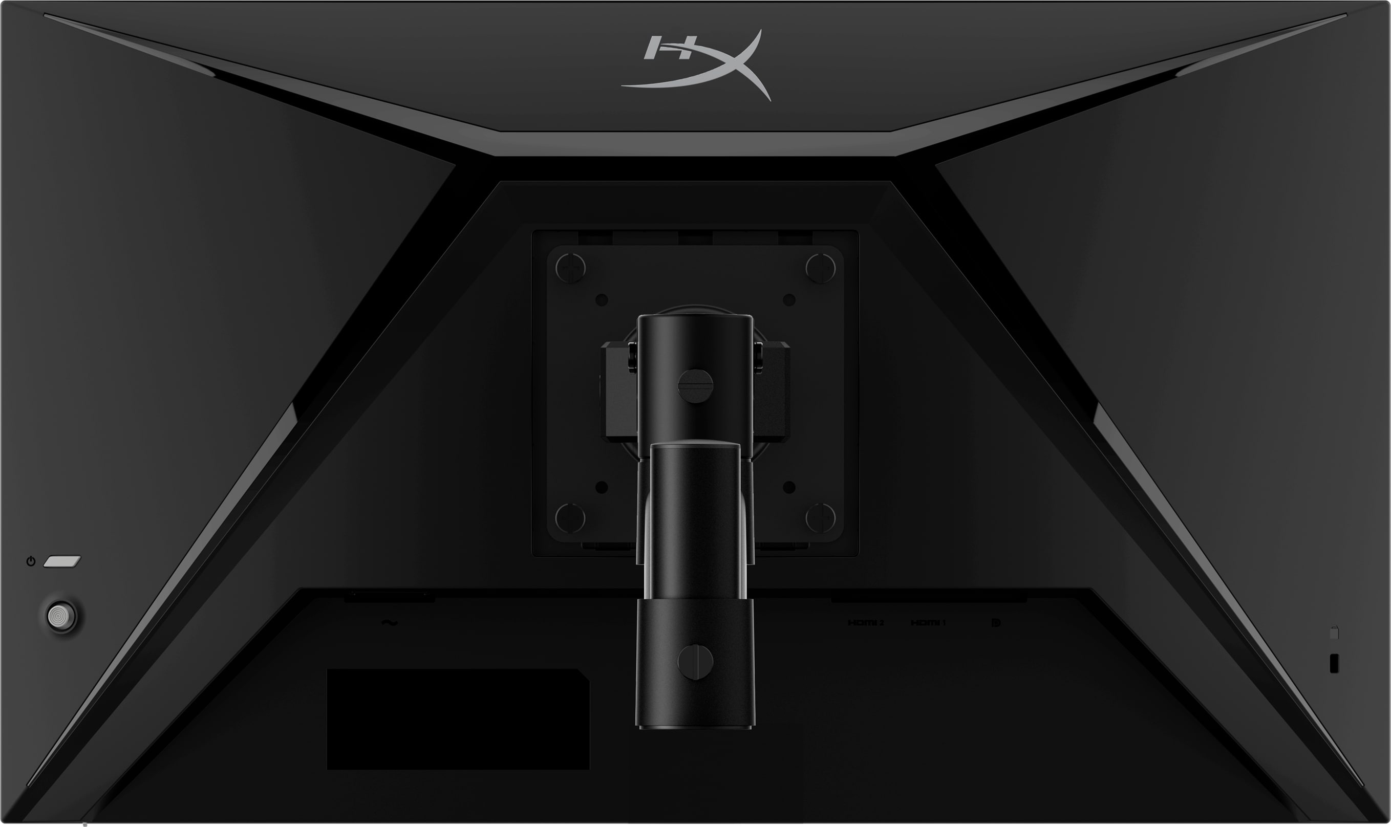 L'arrière d'un moniteur d'ordinateur noir avec un support et quelques ports, sur fond blanc.