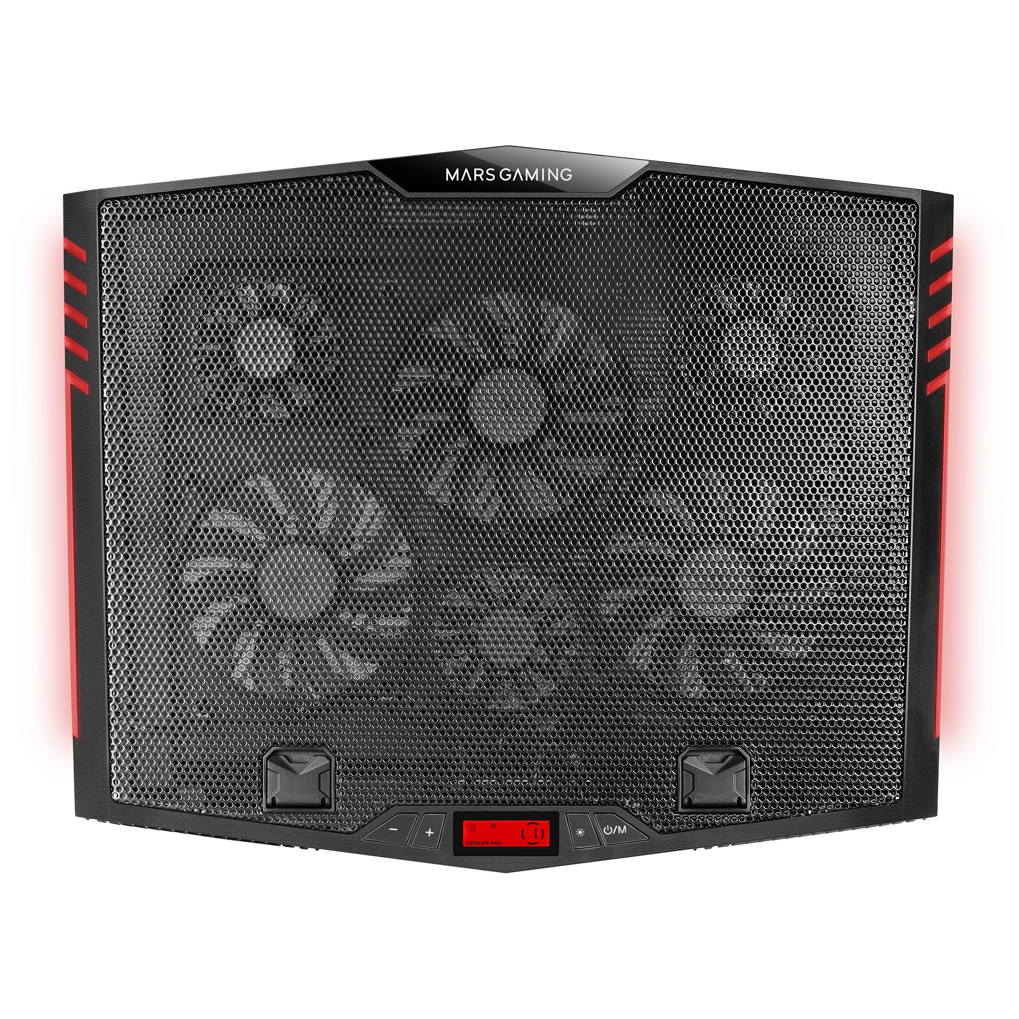 Un enfriador de portátil negro con tres ventiladores y luces LED rojas.