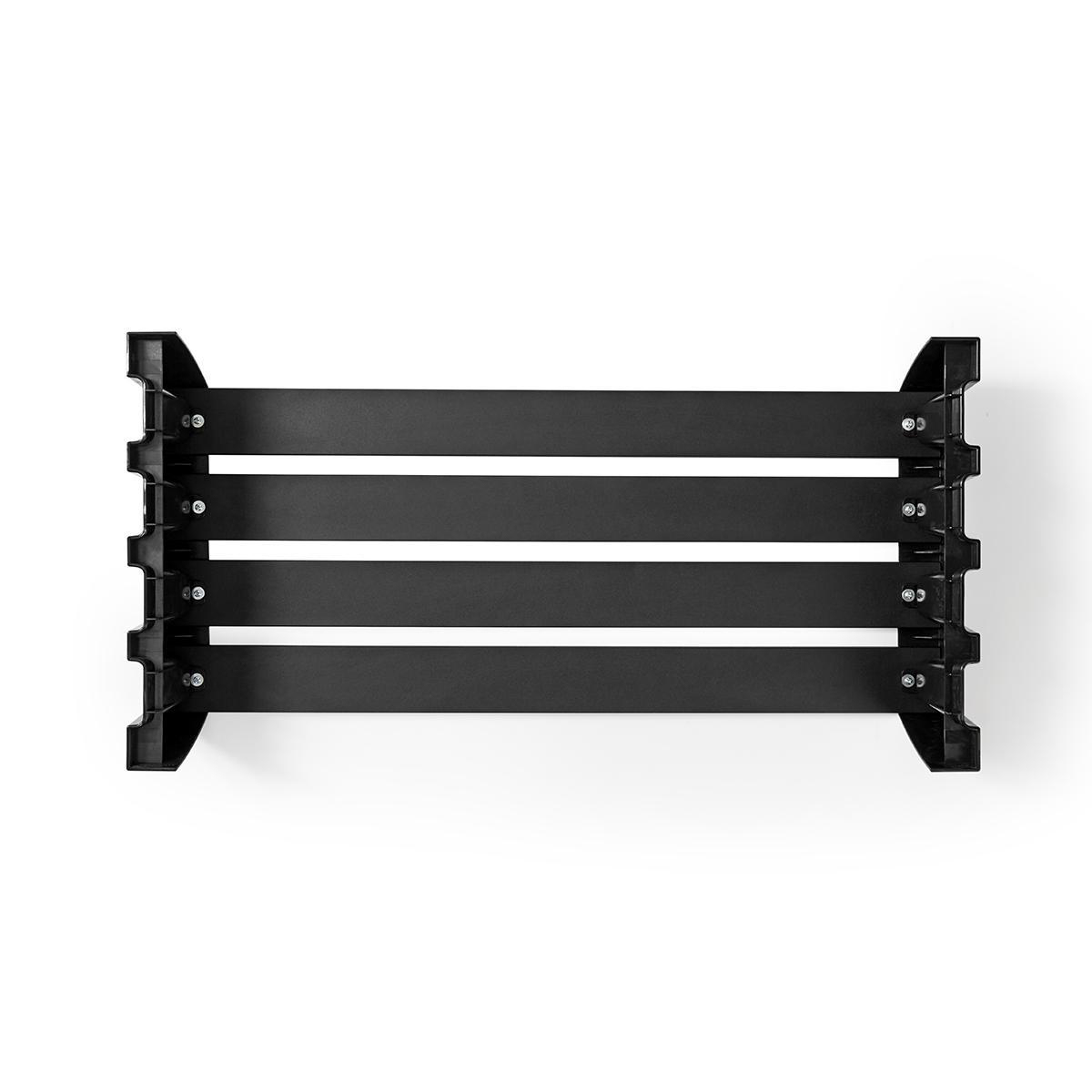 Black plastic rack for items, seen from above, against a white background.
