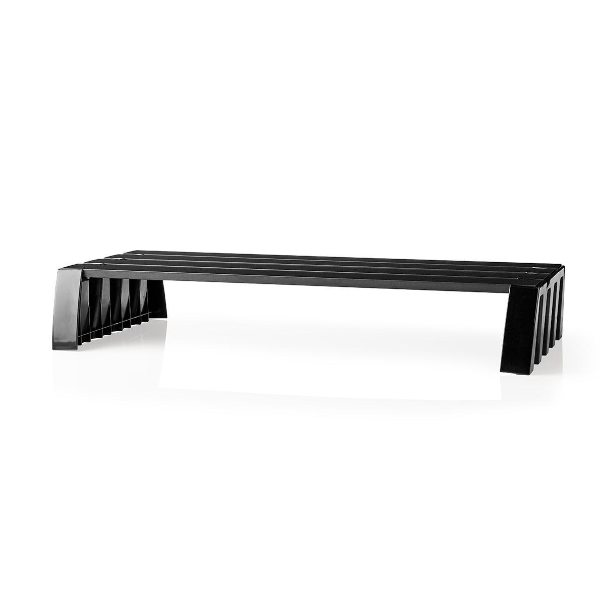 Black plastic bench with horizontal slats, isolated on a white background.