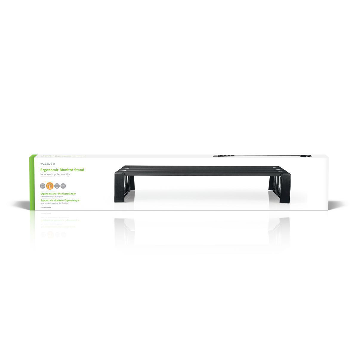 Ergonomic monitor stand in a box. The stand is black, with a rectangular shape. The box is white.