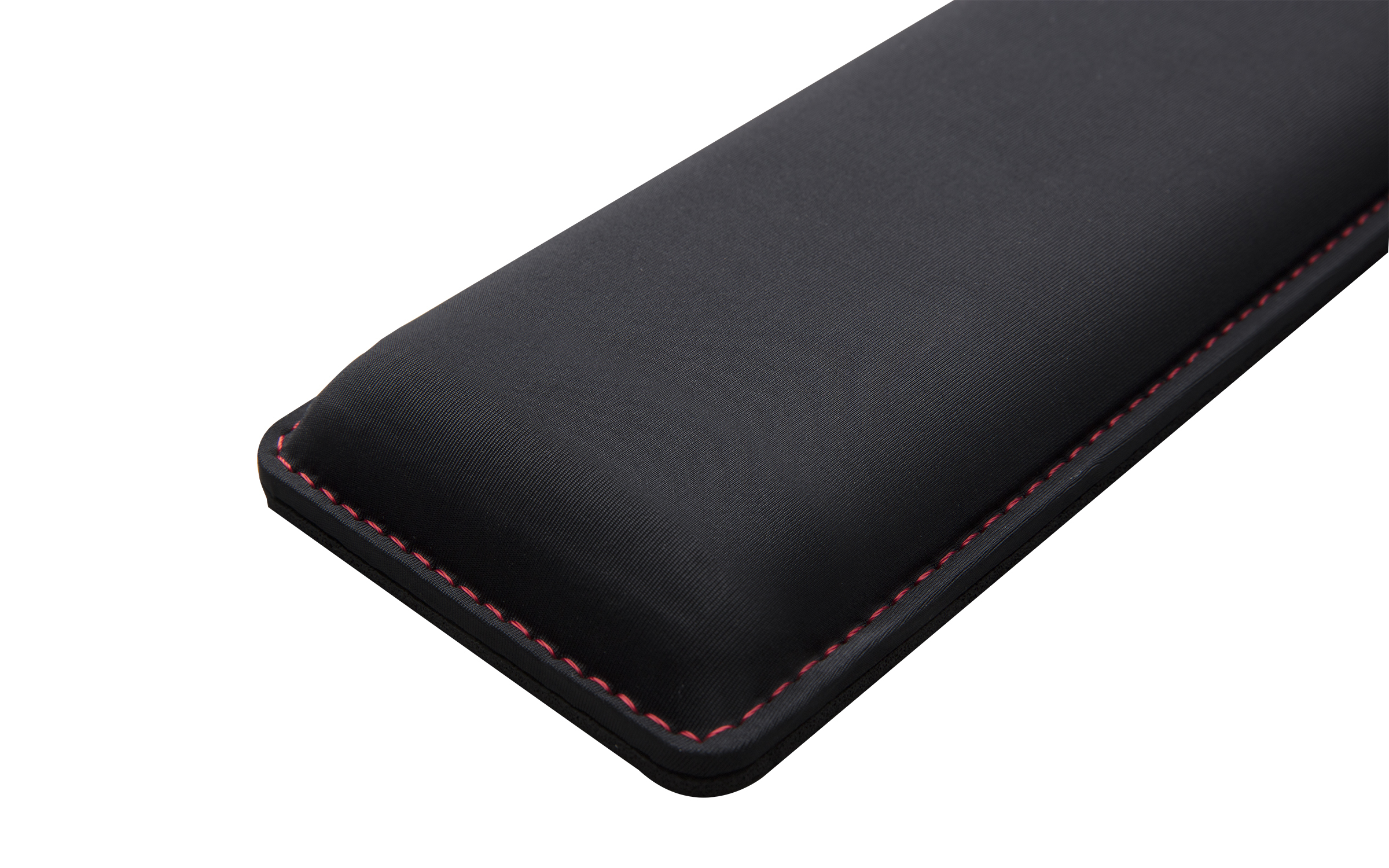 Schwarze Handgelenkauflage mit roter Naht, für Komfort bei der Computernutzung.