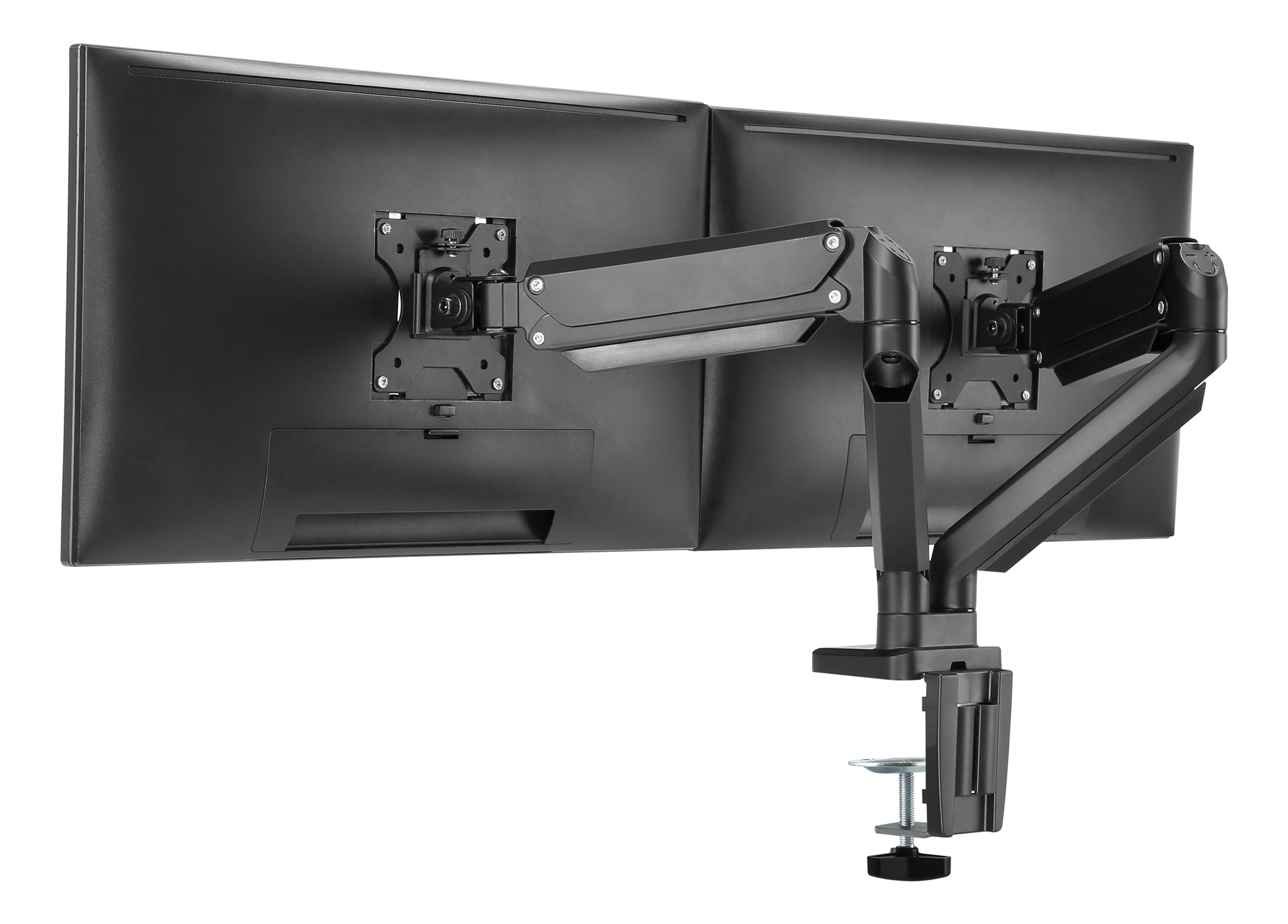 Eine schwarze Monitorhalterung mit zwei angeschlossenen Monitoren. Die Halterung befindet sich auf weißem Hintergrund.