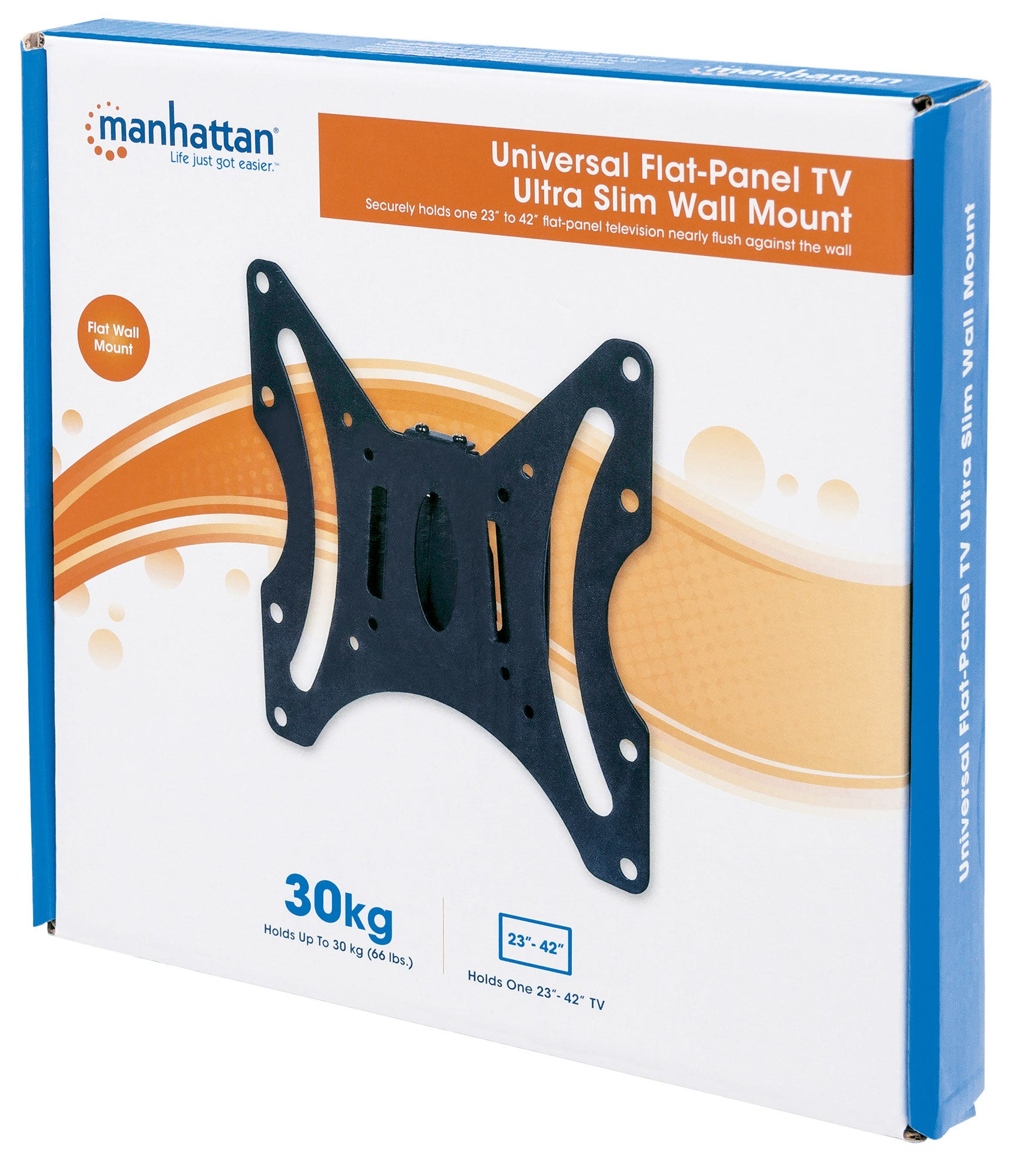 Manhattan TV wall mount packaging, holds up to 30 kg (66 lbs).