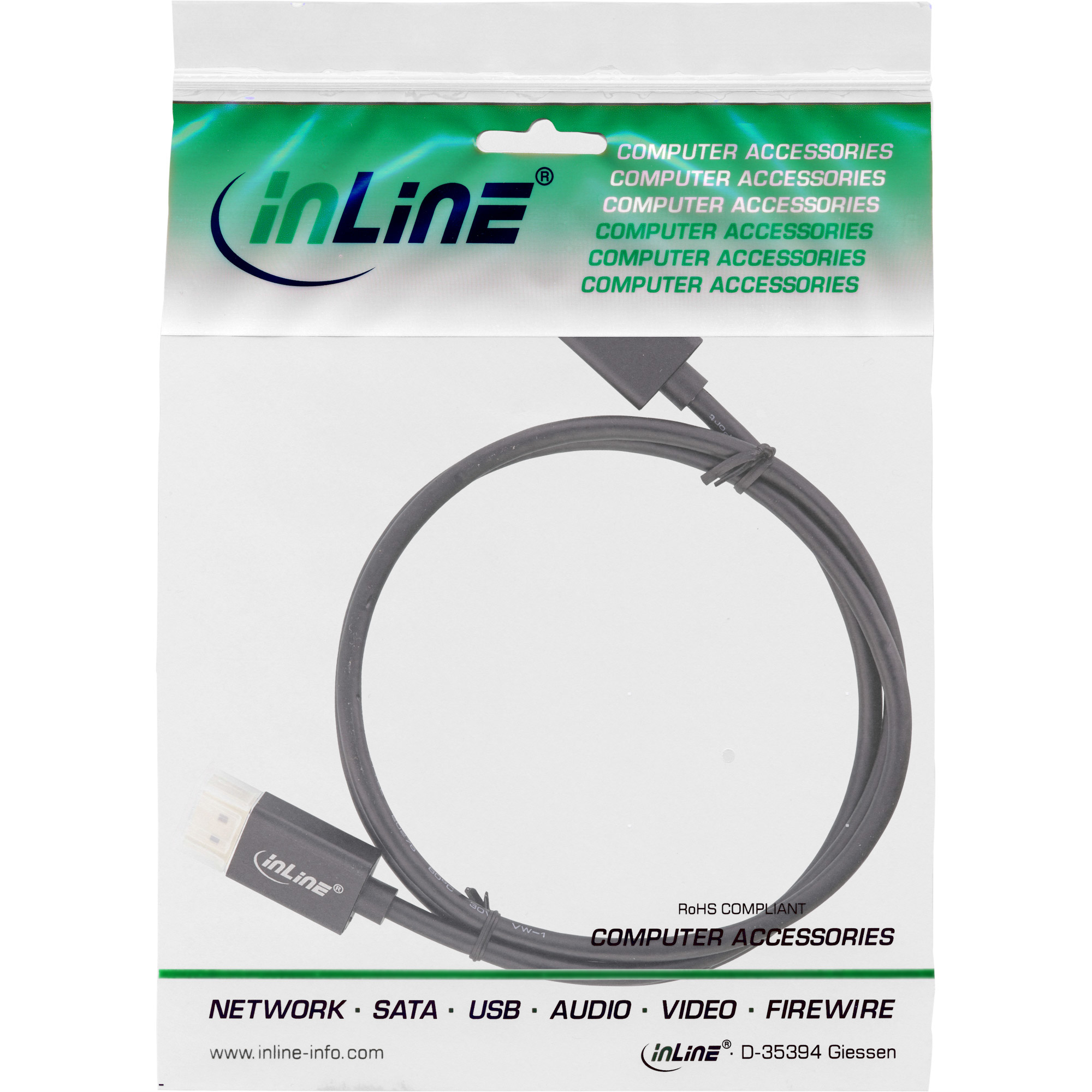 Câble HDMI noir dans un emballage plastique avec informations produit et logo visible.
