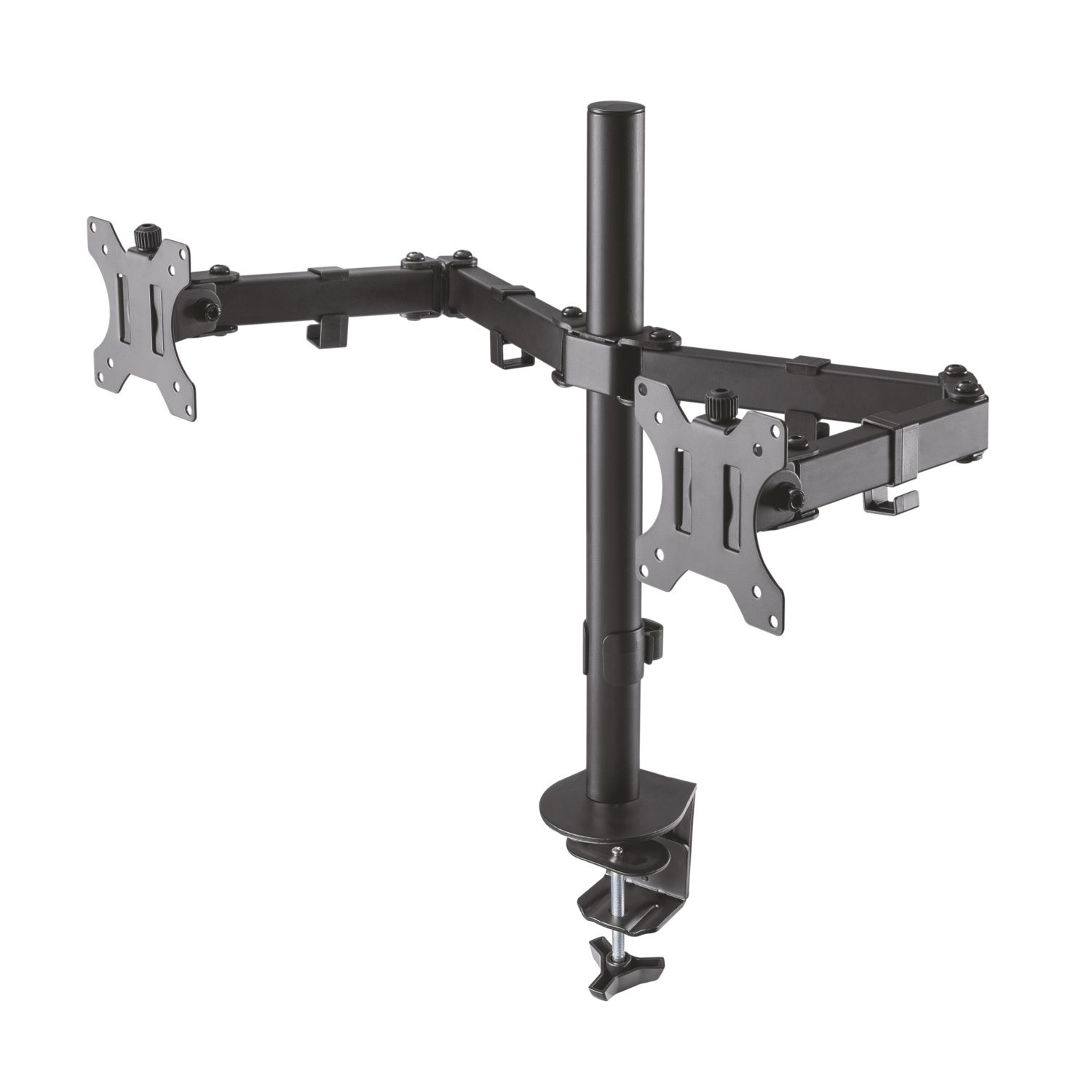Un soporte negro para monitor dual sobre un fondo blanco.