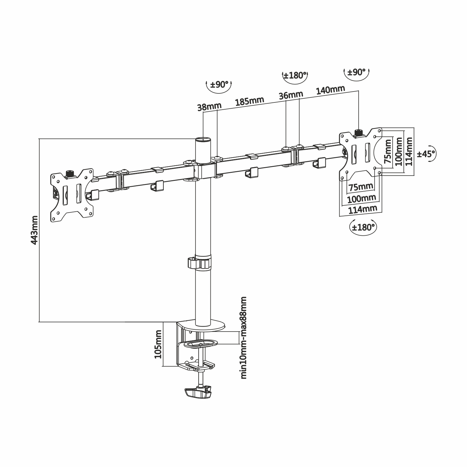 Un diagrama de un brazo de monitor, que muestra las dimensiones y los ángulos de ajuste. Es blanco.