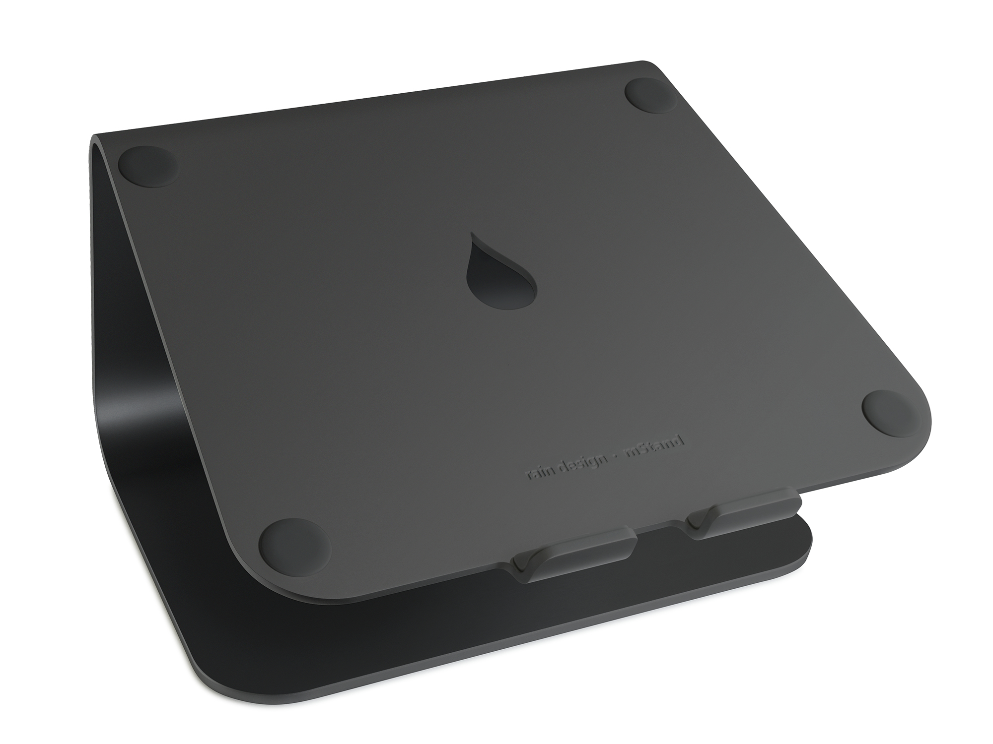 Black laptop stand with a curved base and four small rubber feet. White background, studio shot.