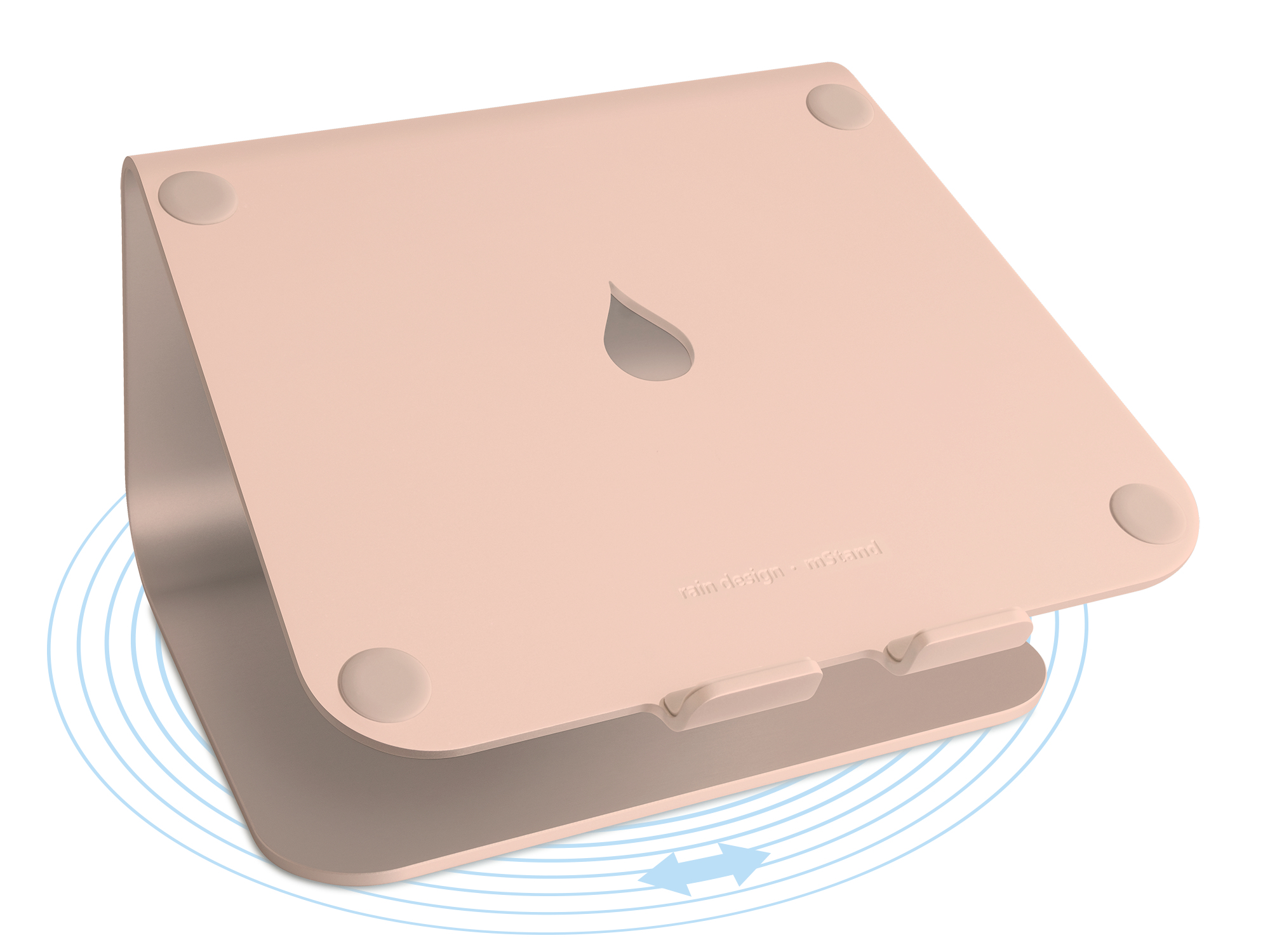 Rosa Laptopständer mit Tropfenlogo. Gebogenes Design, vier kleine Gummifüße.