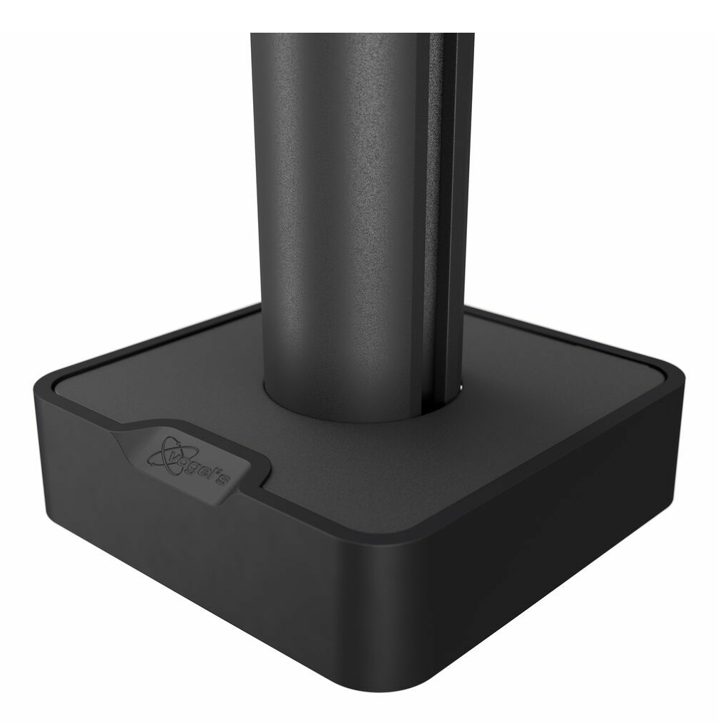 Base de soporte de monitor negra. La base es cuadrada.