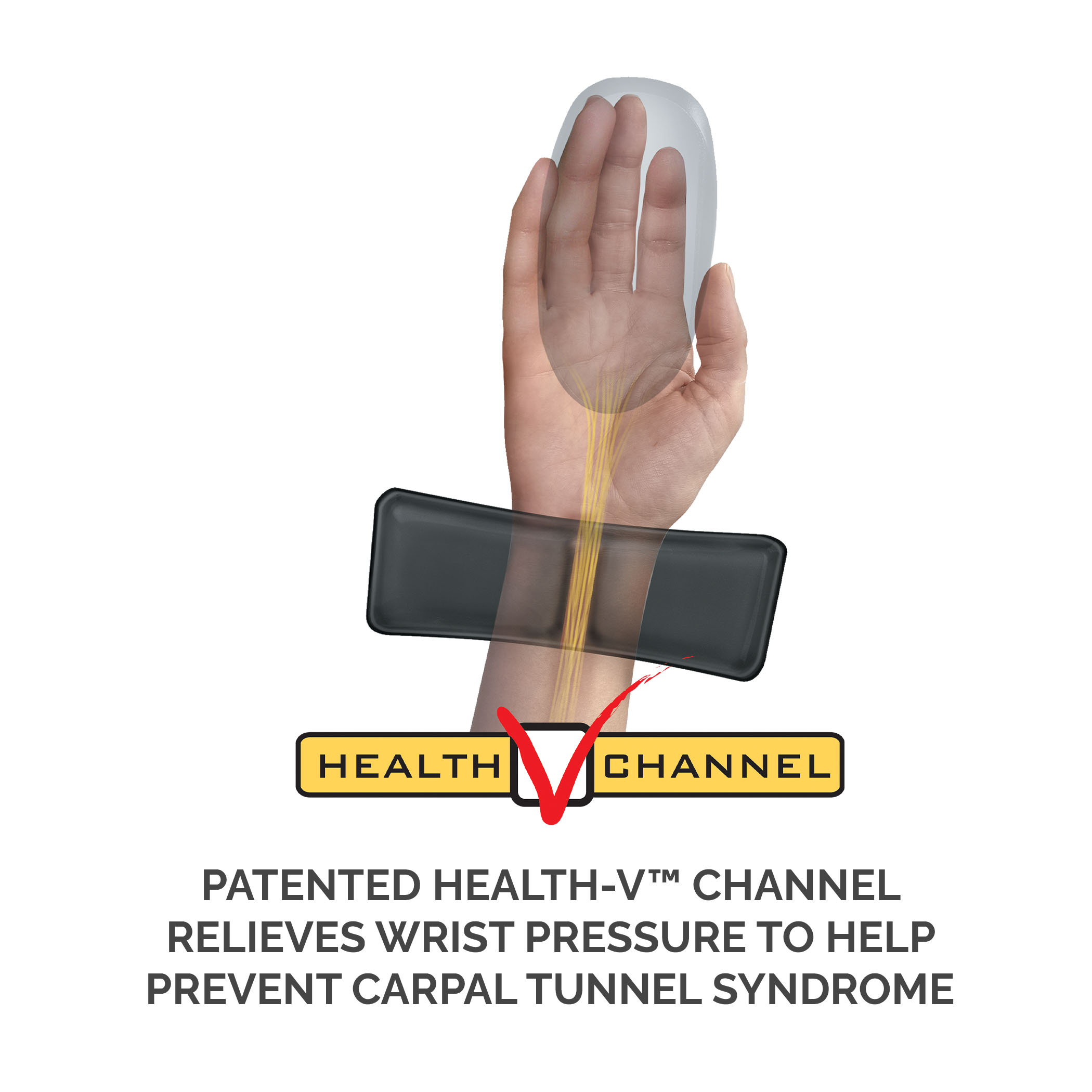 Tappetino per mouse con canale Health-V con una mano sopra, con testo. Il testo dice 'Health-V' e 'prevenire il carpale'.