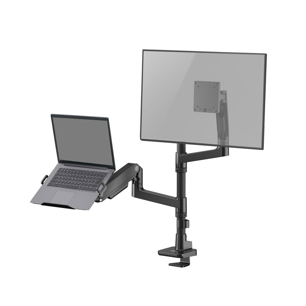 A laptop and monitor mounted on a black desk arm, with a clamp at the base.