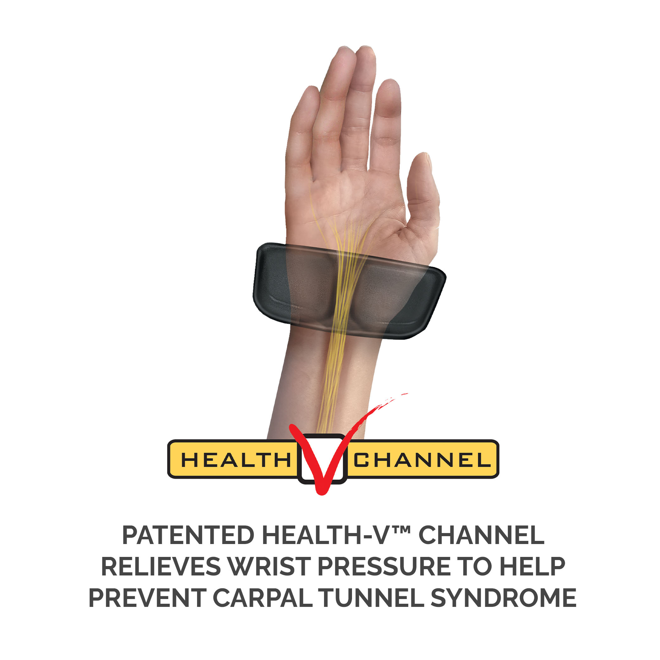 Hand mit Health-V-Kanal-Handgelenkstütze und Text über Karpaltunnel.