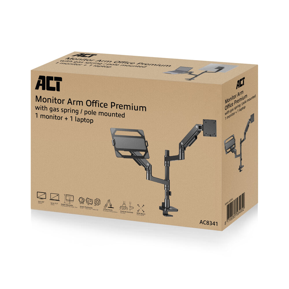 A brown box labeled 'Monitor Arm Office Premium' with a monitor arm inside, on a white background.