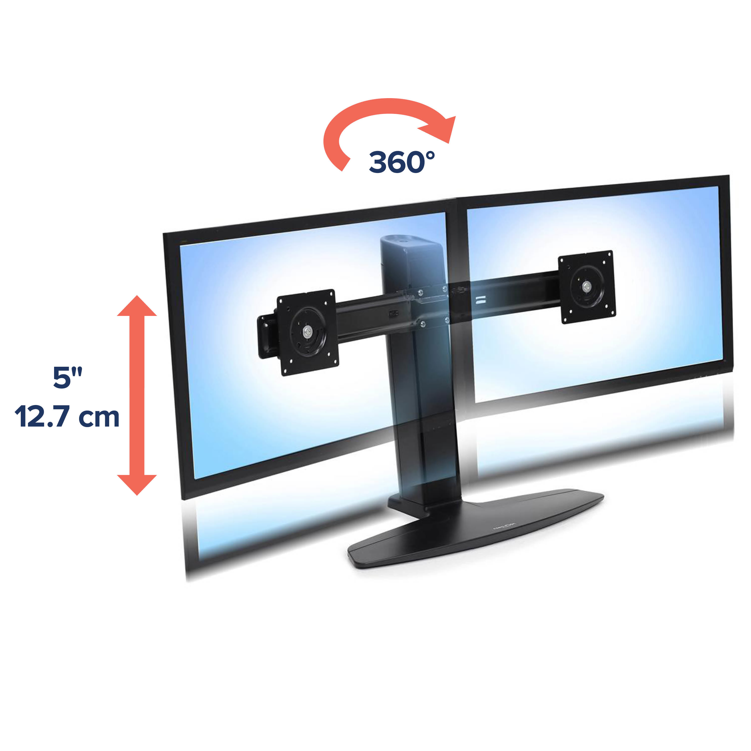Zwarte dual monitorstandaard met 360 graden rotatie en 5 inch hoogteverstelling.