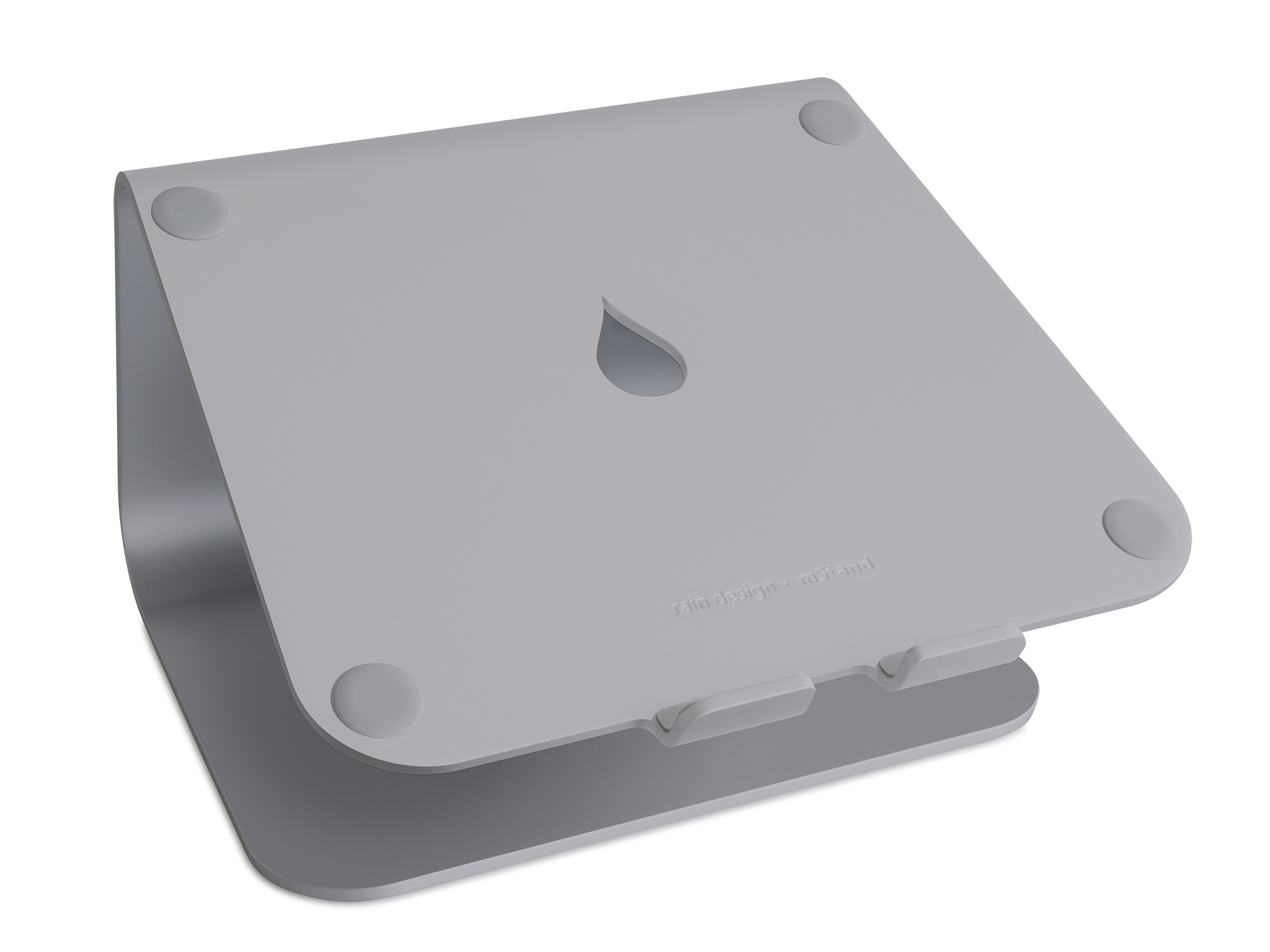 Grauer Laptopständer. Gebogenes Design, Loch in der Mitte, vier Gummifüße.