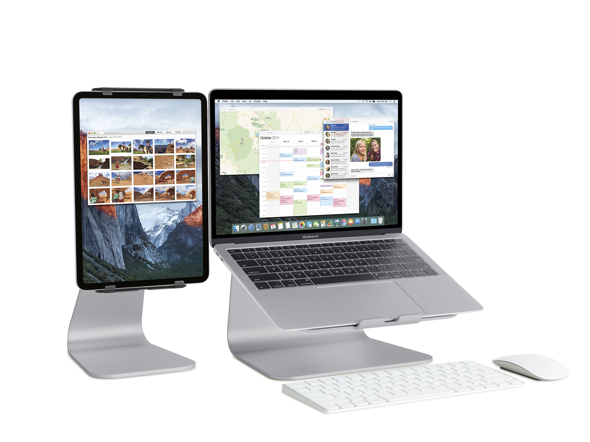 Laptop und Tablet auf silbernen Ständern. Weiße Tastatur und Maus davor. Anzeigen von Apps und Karten.