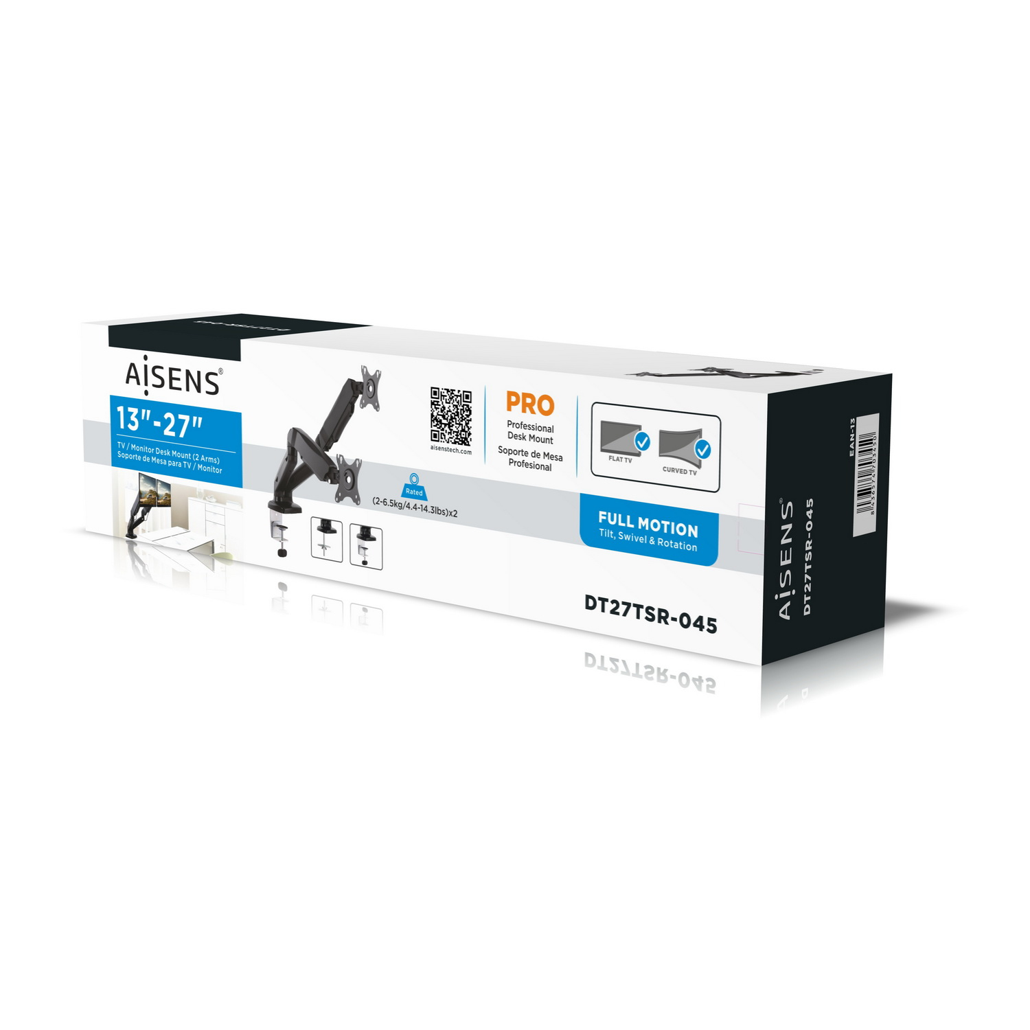 Doos met monitorbevestiging, zwarte arm en productdetails. Witte achtergrond.
