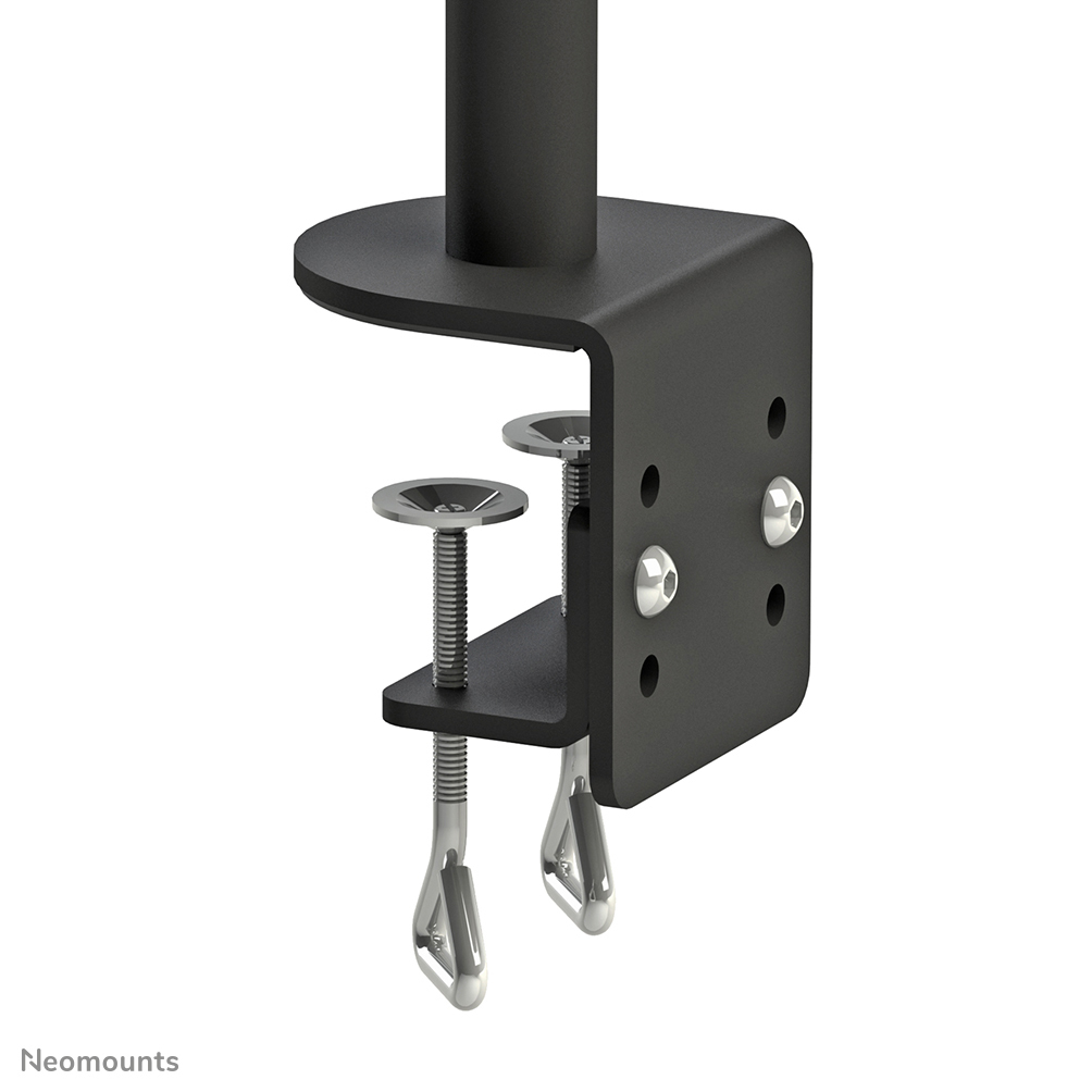 Schwarze Schreibtischklemme mit Schrauben und Befestigungsmaterial für einen Monitorarm.