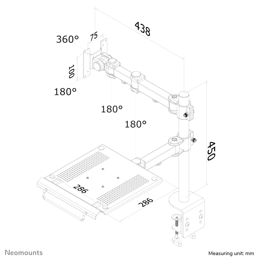 Technische Zeichnung eines Monitorarms mit Maßen. Schwarz, Metall, mehrere Gelenke.