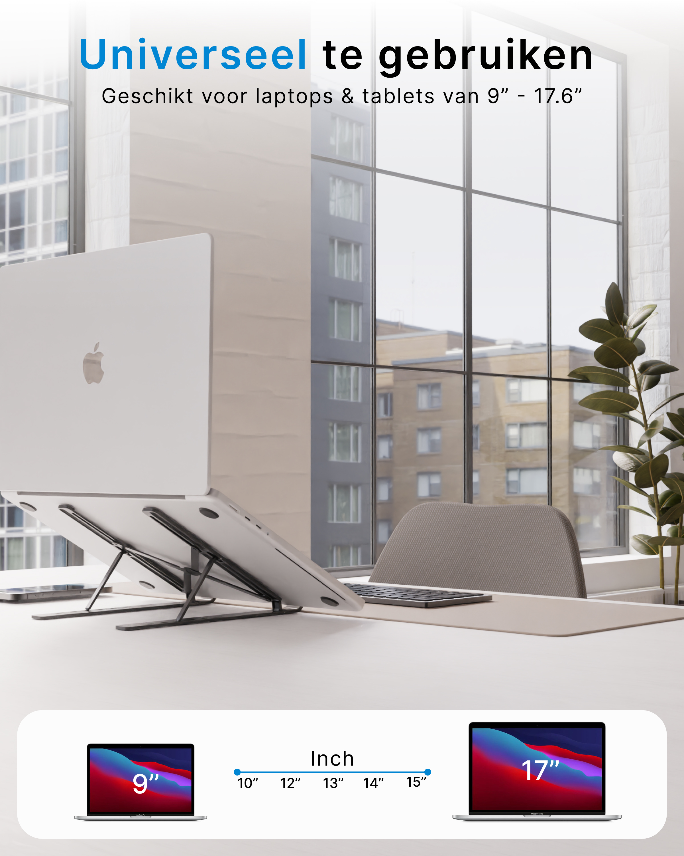 Zwei Laptops auf einem Ständer, mit Fenster und Text im Hintergrund. Weißer Hintergrund.