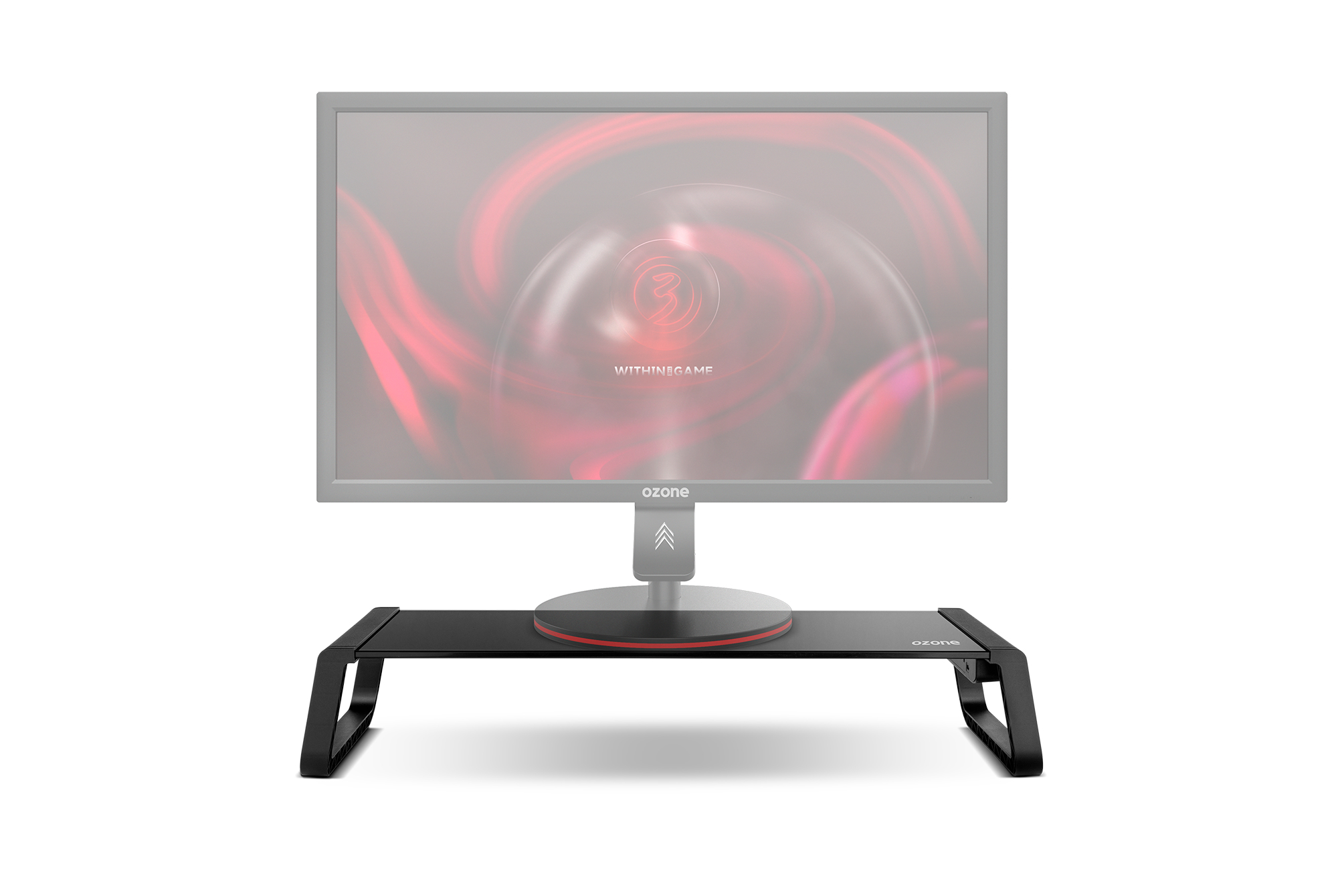 Czarny stojak na monitor z czerwonym akcentem, trzymający monitor. Białe tło.