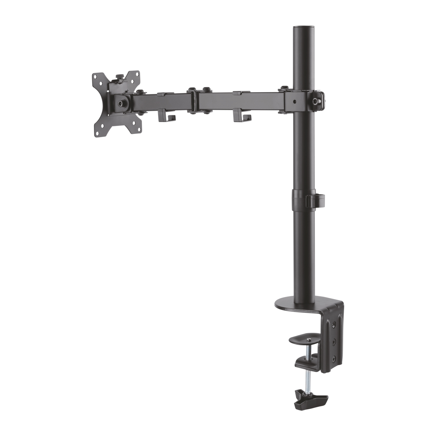 Brazo de monitor negro. Tiene una abrazadera, brazo ajustable y soporte VESA.