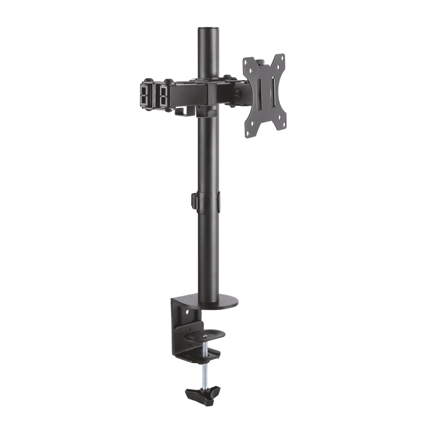 Soporte de brazo de monitor negro con articulaciones ajustables y base de abrazadera, aislado sobre fondo blanco.