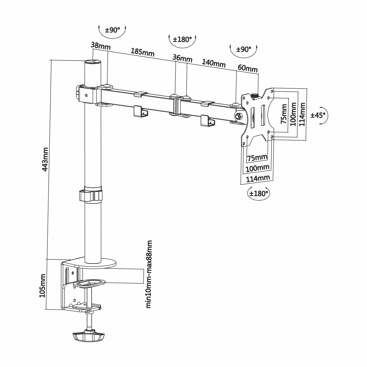 Un dibujo técnico de un brazo de monitor, que muestra dimensiones y ángulos, con etiquetas de medidas.