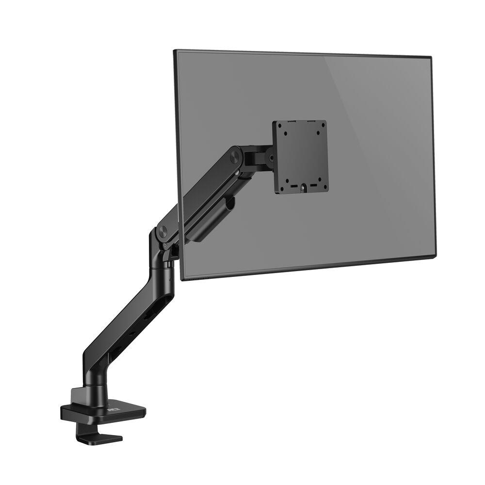 Bras de moniteur noir avec moniteur attaché, monté sur un bureau.