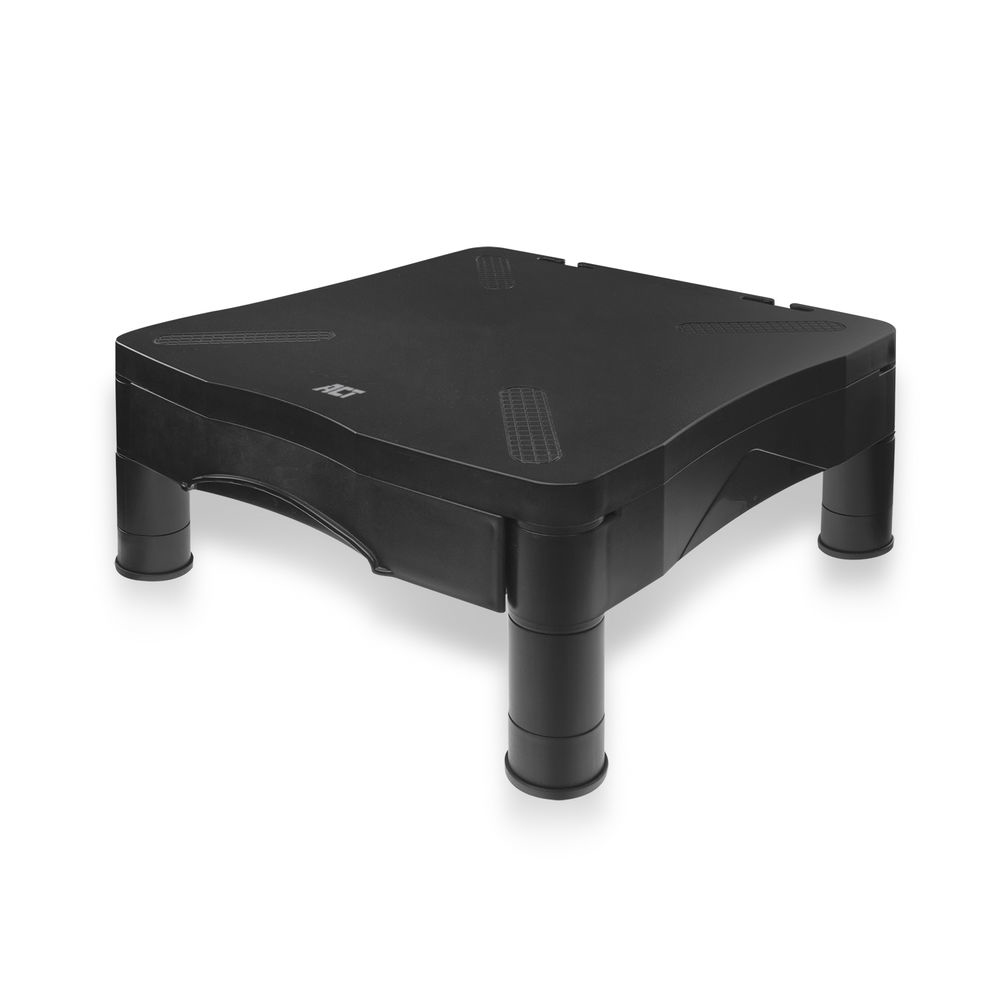 A black monitor stand with four legs, on a white surface.