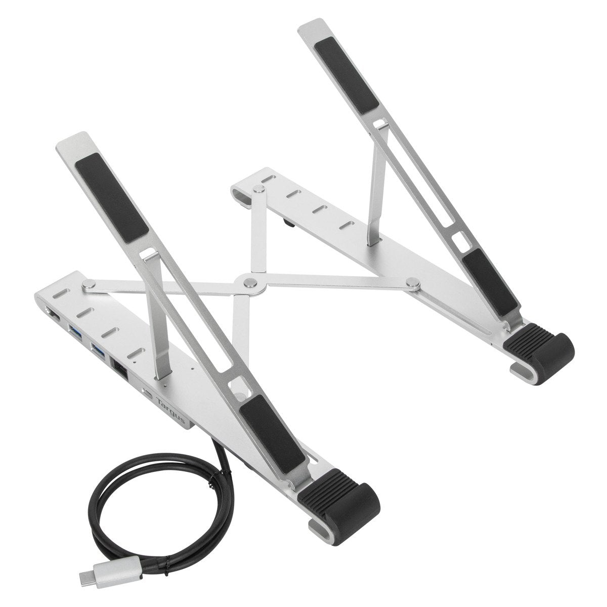 Supporto per laptop argento con cuscinetti in gomma neri. Piegato con cavo USB-C.