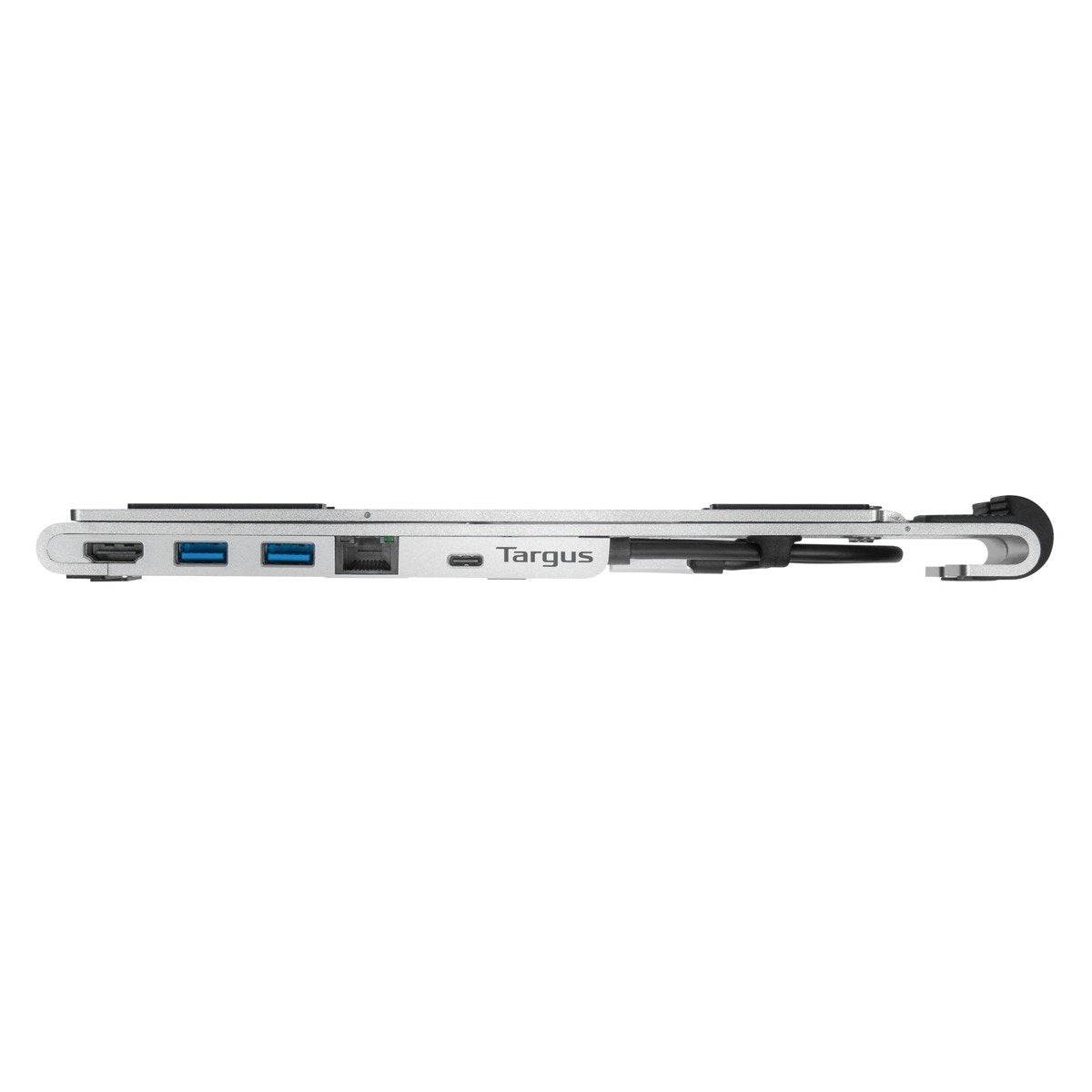 Un adattatore multiporta argentato per un laptop. Ha diverse porte tra cui HDMI, USB ed Ethernet.