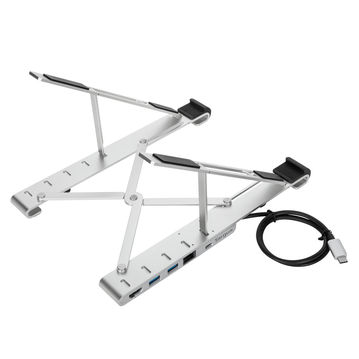 Supporto per laptop argentato con hub USB e cavo nero. Marchio Targus.