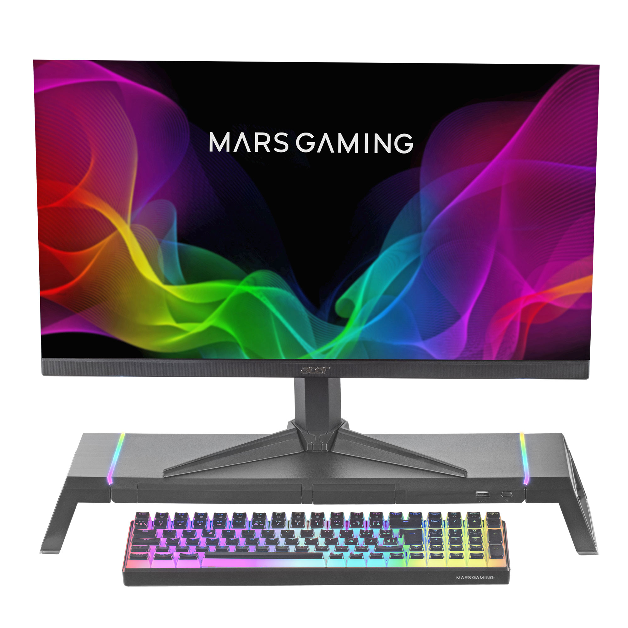 Een gaming monitor met een toetsenbord. De monitor en het toetsenbord hebben kleurrijke lichten.