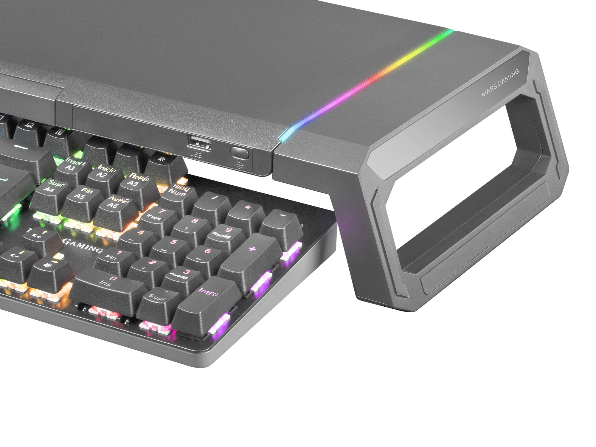 Grijze gamingtoetsenbord met LED-verlichting en armsteun, witte achtergrond. Zwarte toetsen en gekleurde lichten.