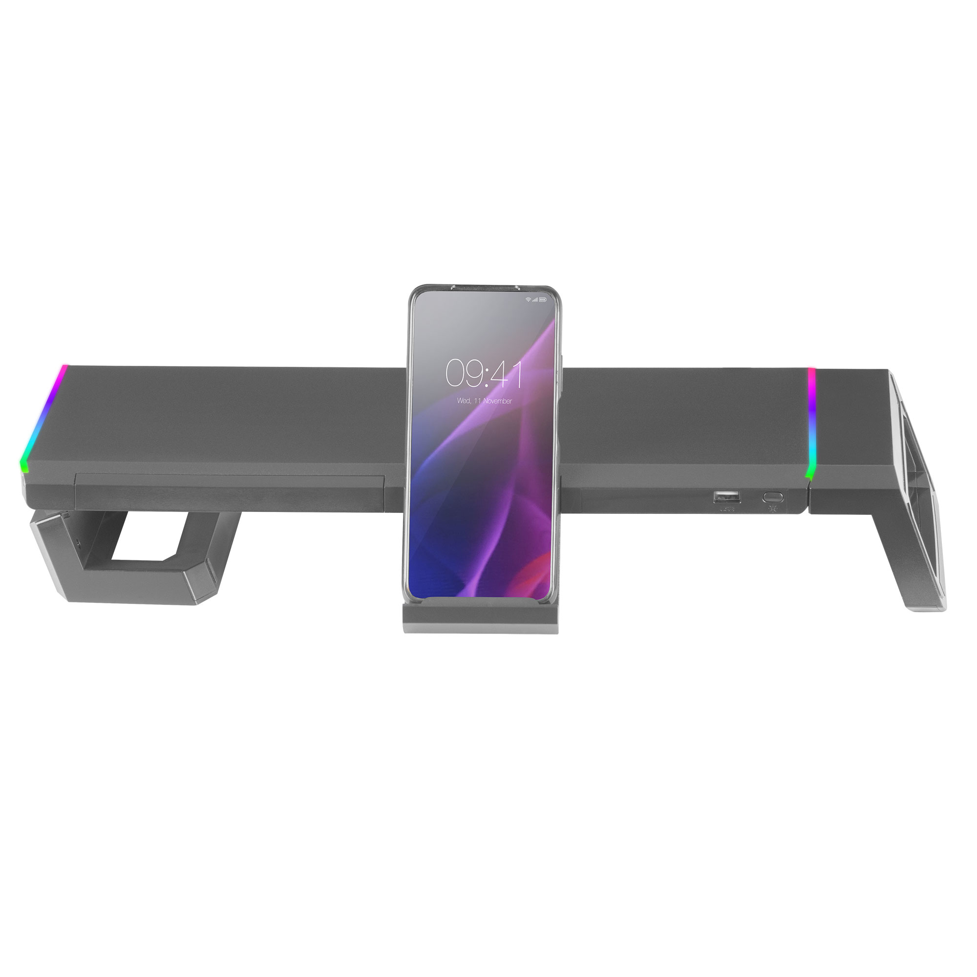 Monitorstandaard met telefoon en display. Lichten aan het uiteinde.