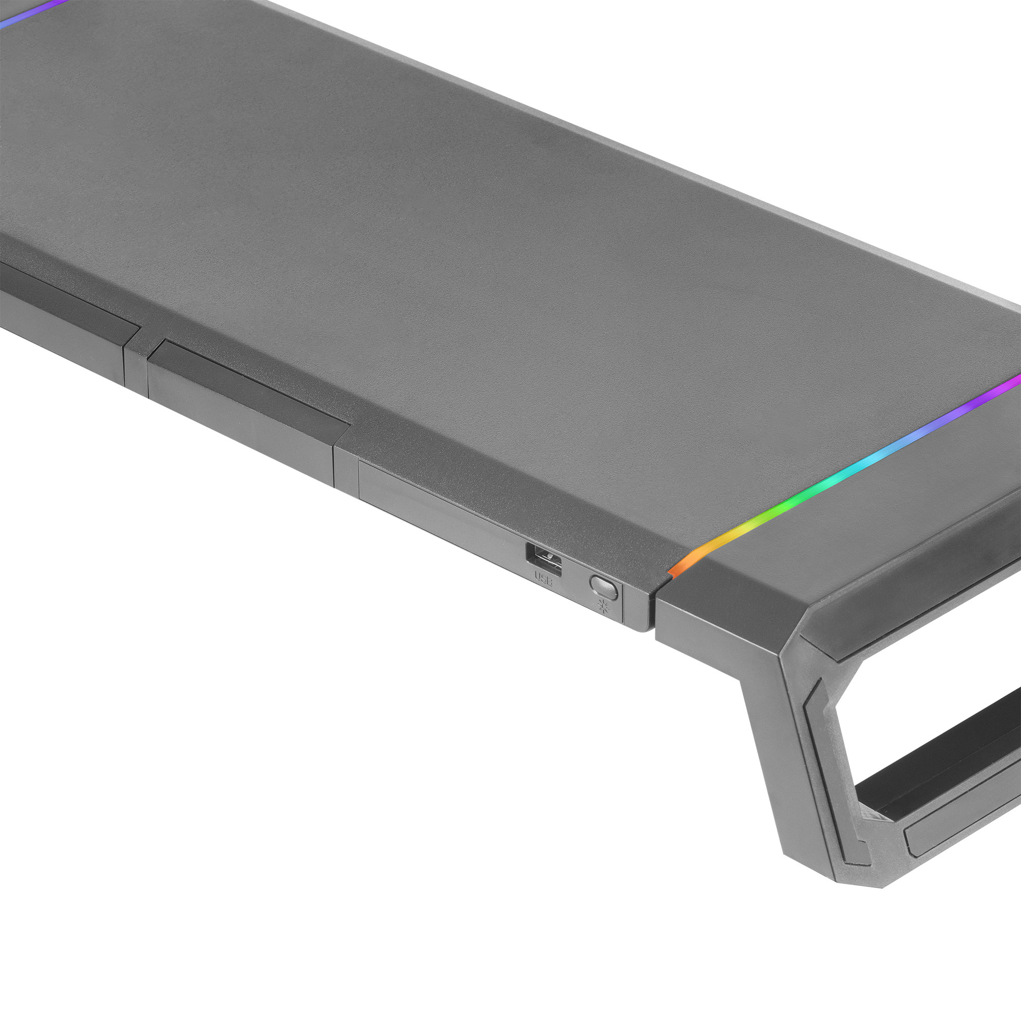 Een close-up van een grijze monitorstandaard met RGB-verlichting langs de randen.