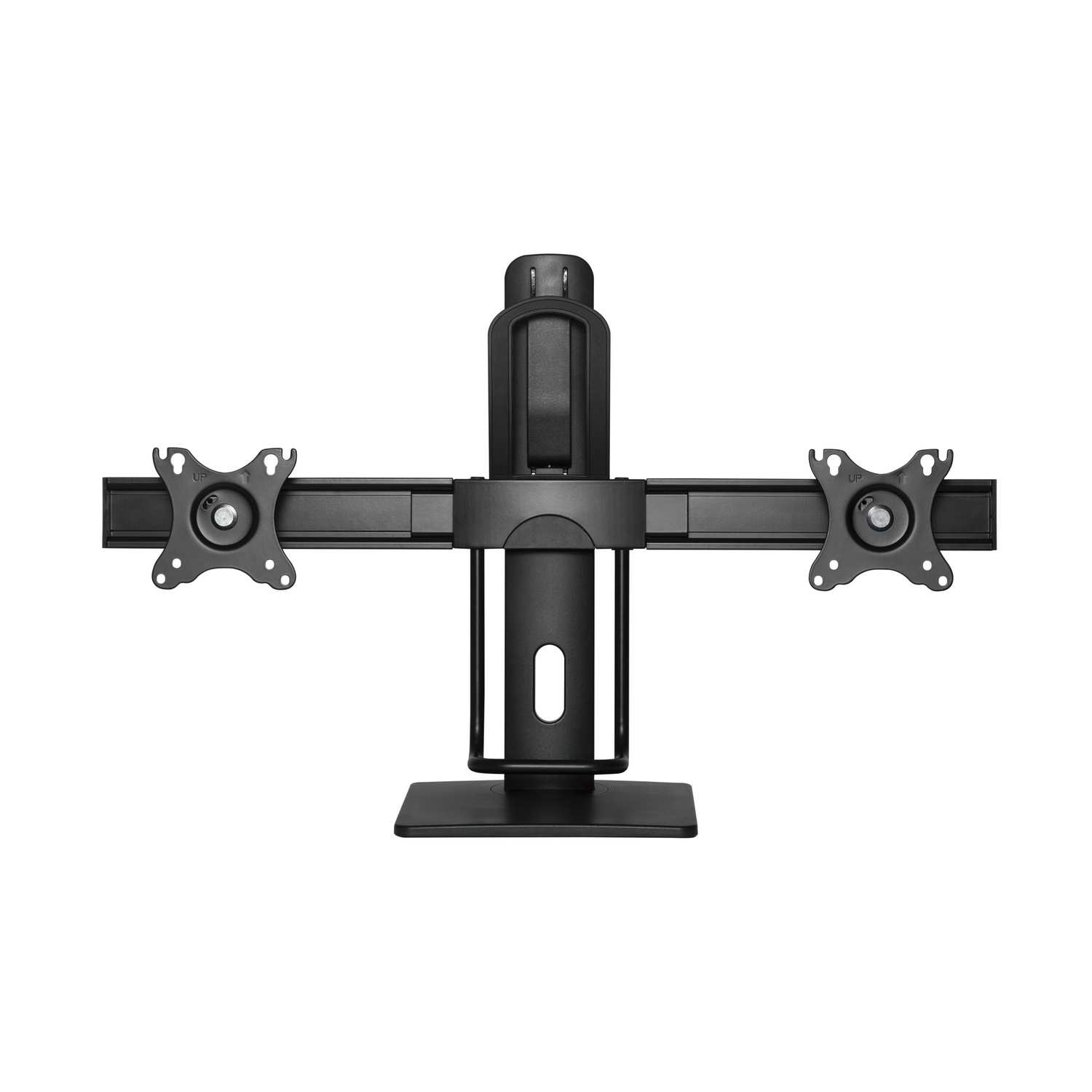 Soporte negro para monitor dual. Dos placas VESA en los lados, poste central y base.