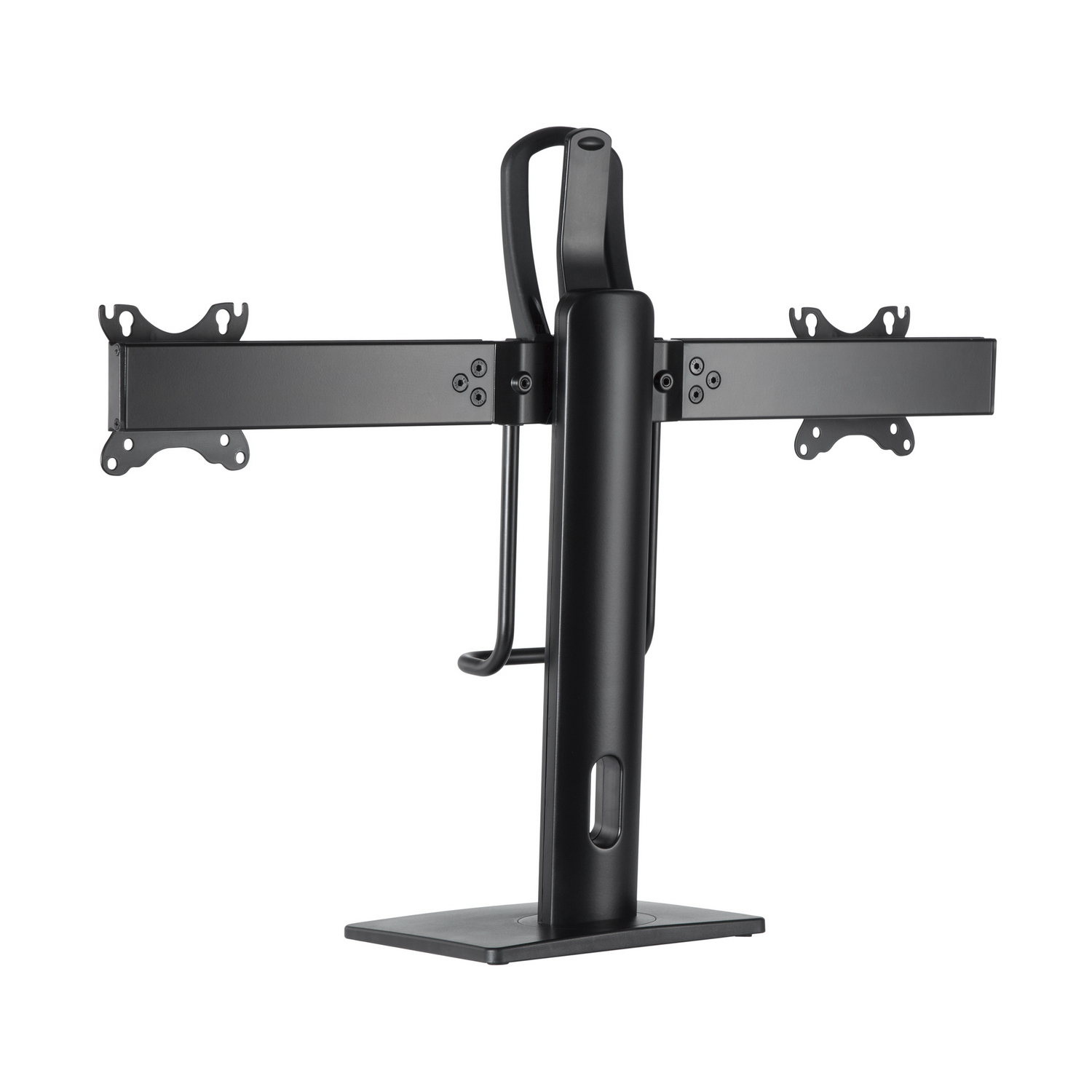 Soporte negro para dos monitores sobre una superficie blanca.