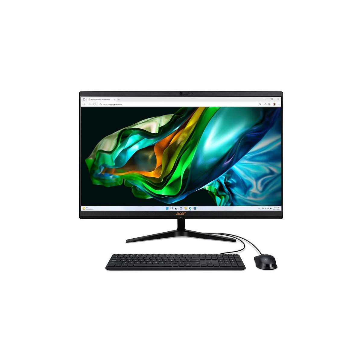 Komputer All-in-One Acer z monitorem wyświetlającym kolorową grafikę. Klawiatura i mysz poniżej.