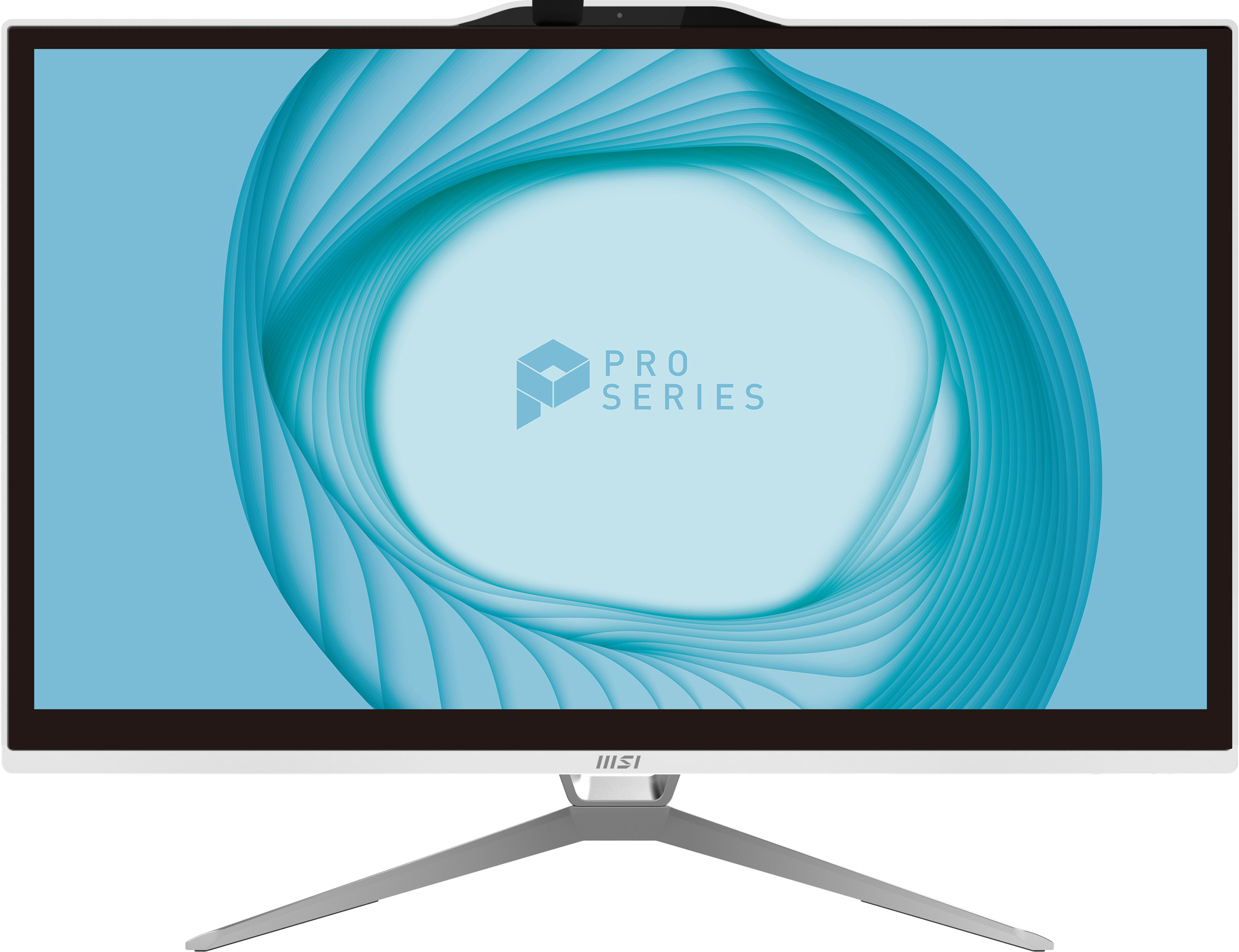Monitor MSI z zakrzywionym niebieskim tłem. Monitor ma białą ramkę i stojak.
