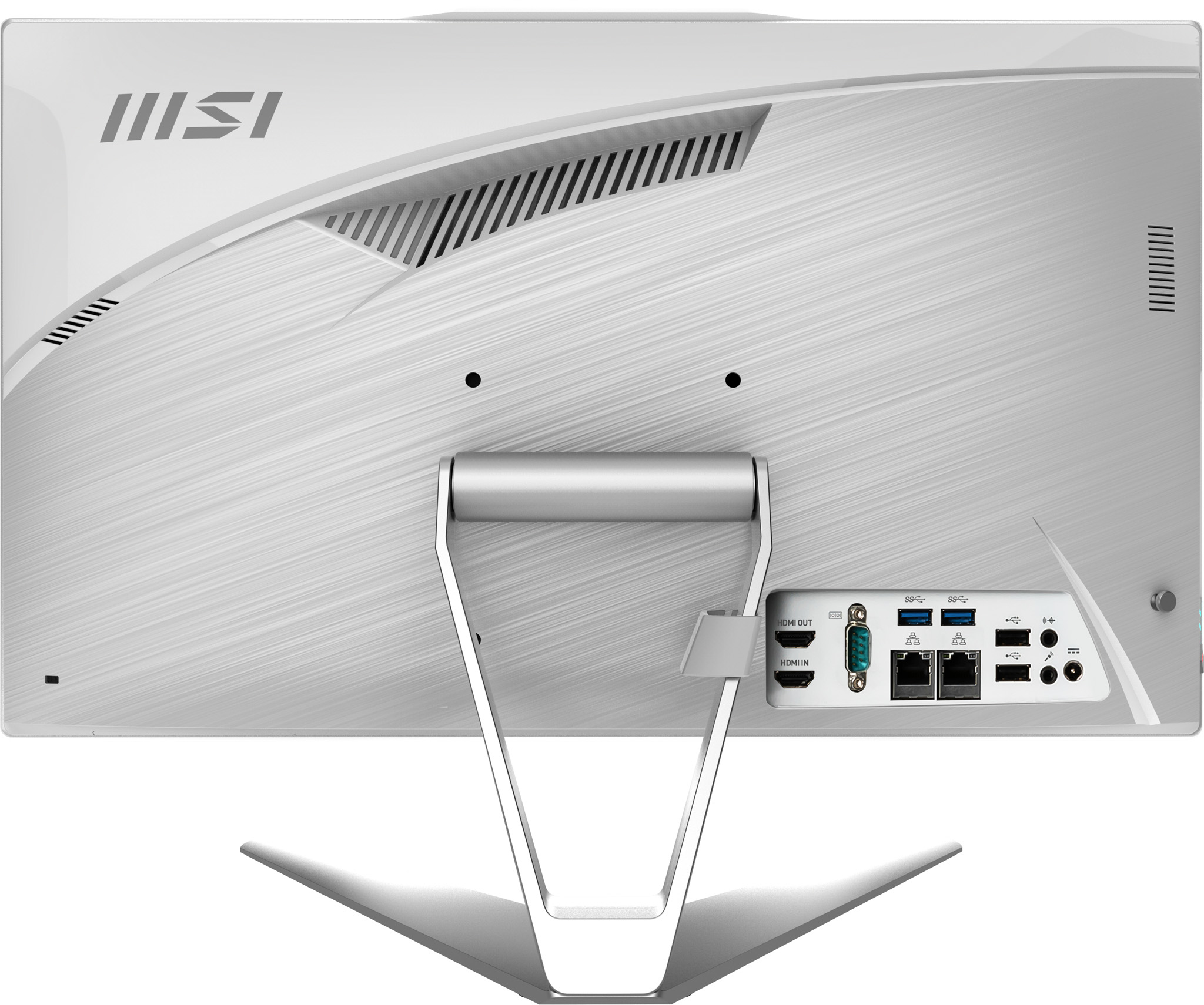 Tył białego komputera All-in-One MSI. Ma porty i podstawkę.